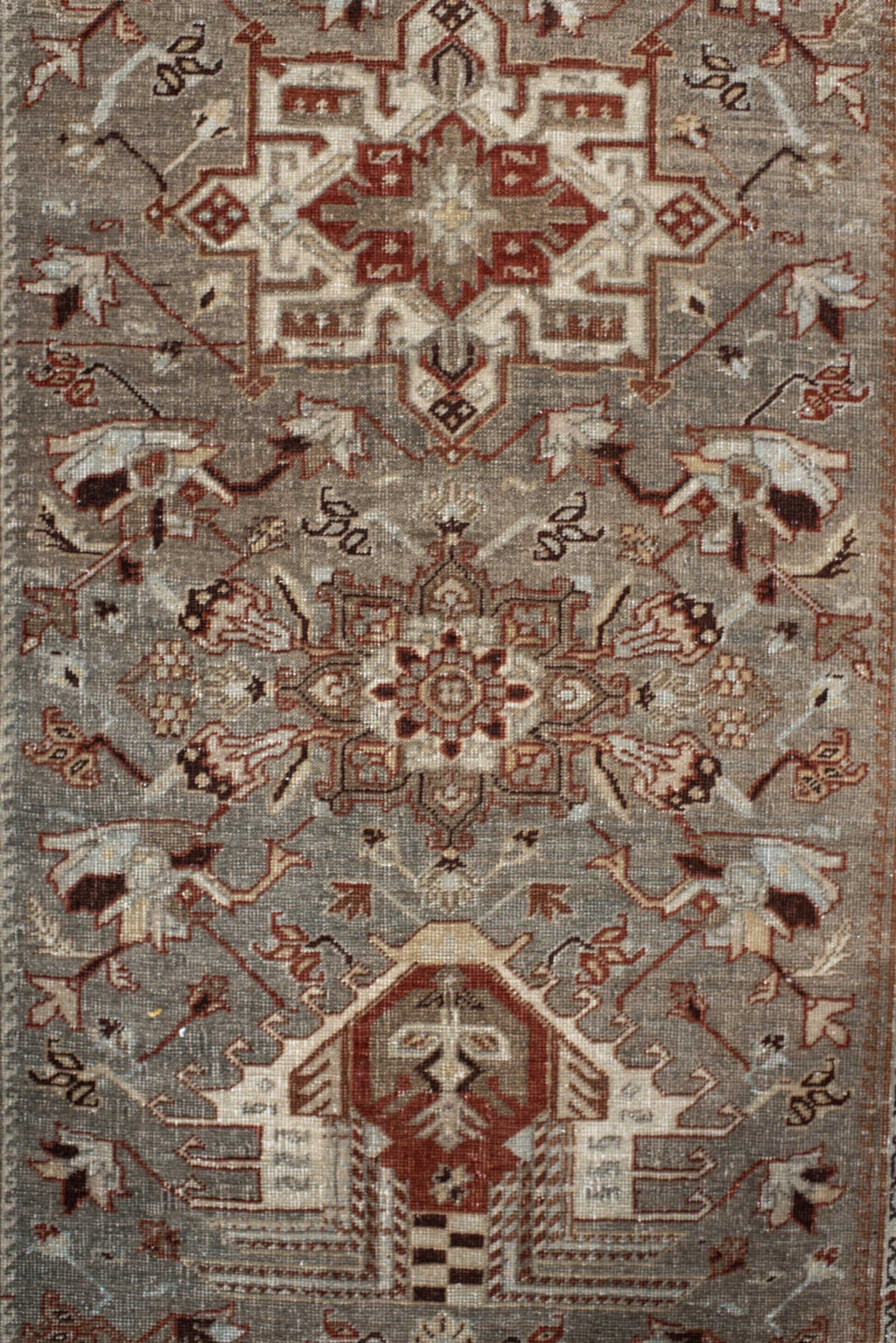 3' x 13' one-of-a-kind handmade vintage Heriz runner rug. Color palette: taupe, rust, ivory, brown, camel, charcoal, beige