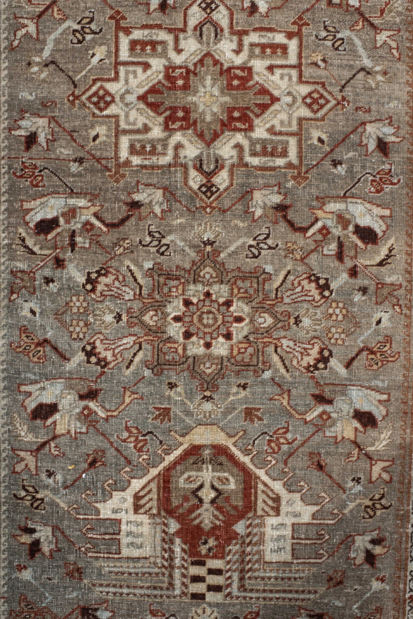 3' x 13' one-of-a-kind handmade vintage Heriz runner rug. Color palette: taupe, rust, ivory, brown, camel, charcoal, beige