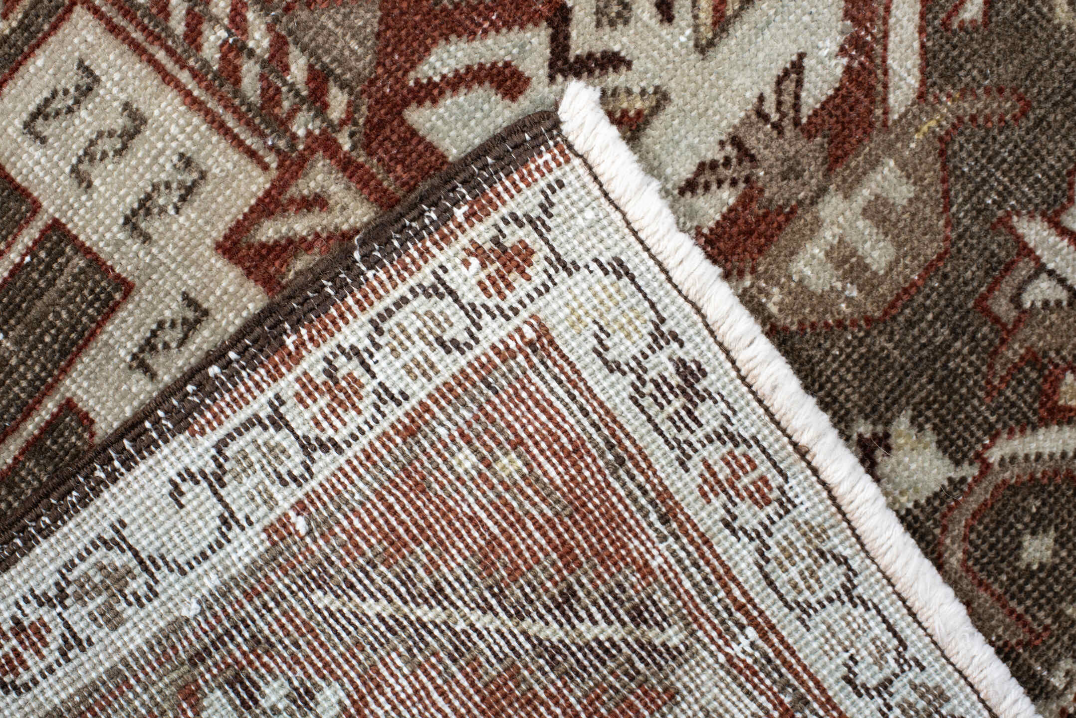 3' x 13' one-of-a-kind handmade vintage Heriz runner rug. Color palette: taupe, rust, ivory, brown, camel, charcoal, beige