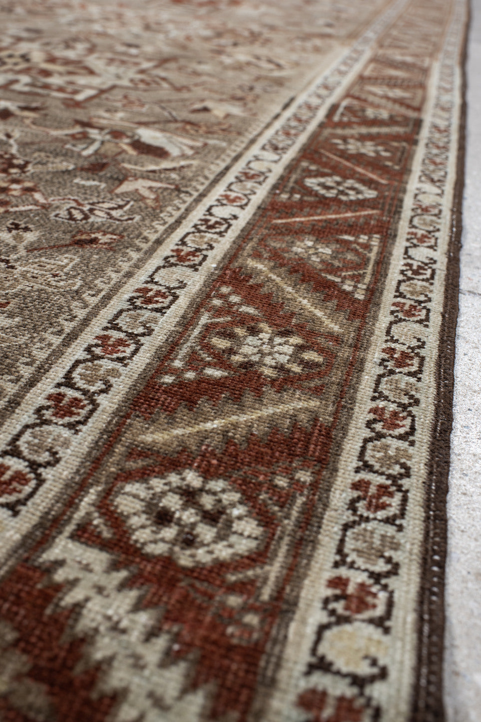 3' x 13' one-of-a-kind handmade vintage Heriz runner rug. Color palette: taupe, rust, ivory, brown, camel, charcoal, beige