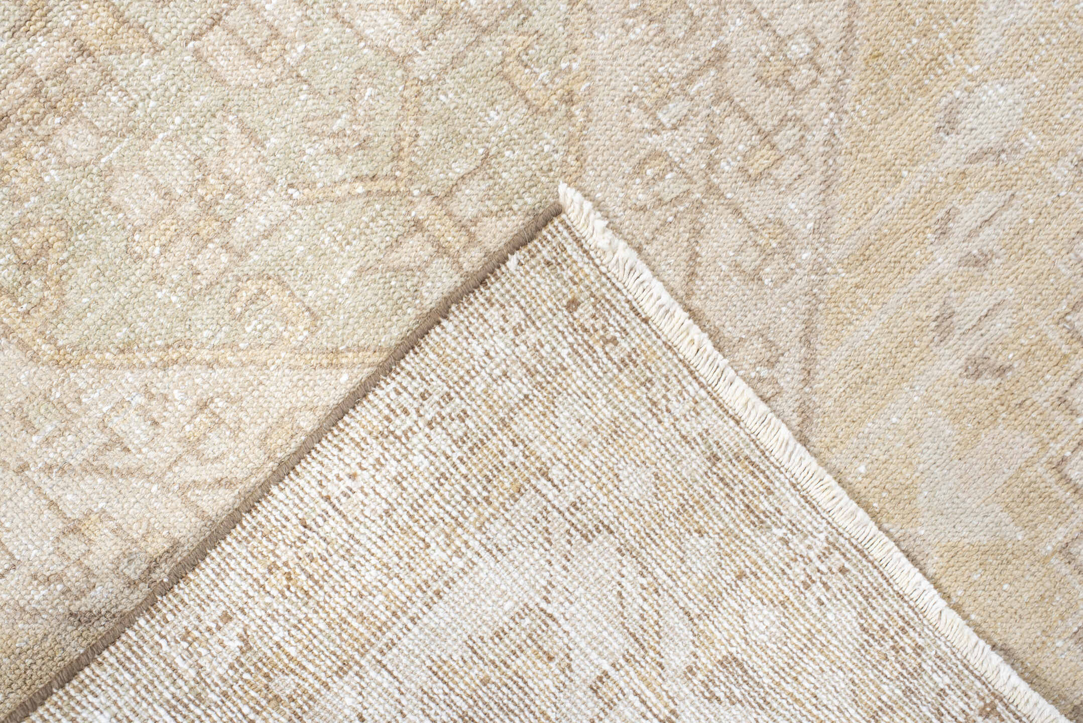 2' x 10' one-of-a-kind handmade vintage Karaje runner rug. Color palette: ivory, sand, cream, pale gold, taupe, sage, beige