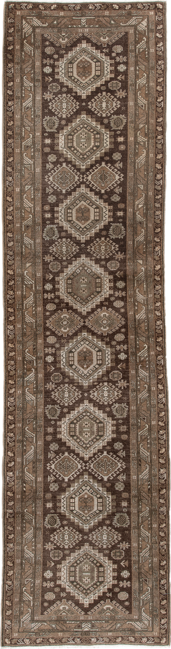 2' x 10' one-of-a-kind handmade vintage Sivas runner rug. Color palette: brown, gray, light gray, off-white, pink