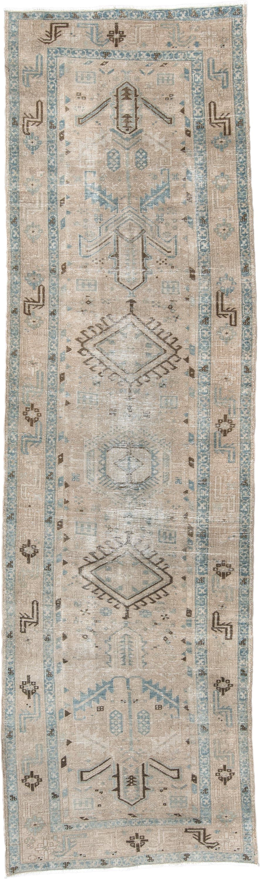 3' x 11' one-of-a-kind handmade antique Sarab runner rug. Color palette: ivory, sky_blue, taupe, charcoal, beige, brown