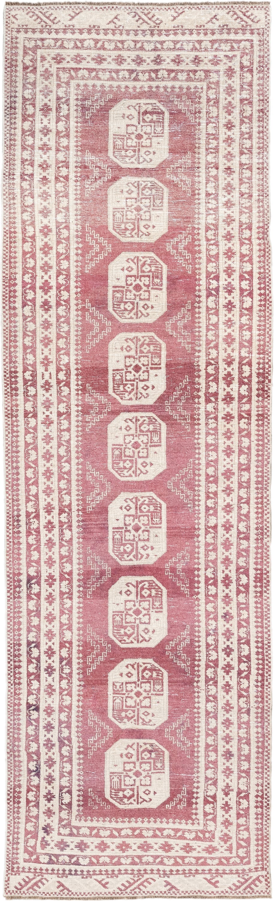 3' x 10' one-of-a-kind handmade vintage Afghan runner rug. Color palette: rose, ivory, dusty pink, burgundy, pink, red