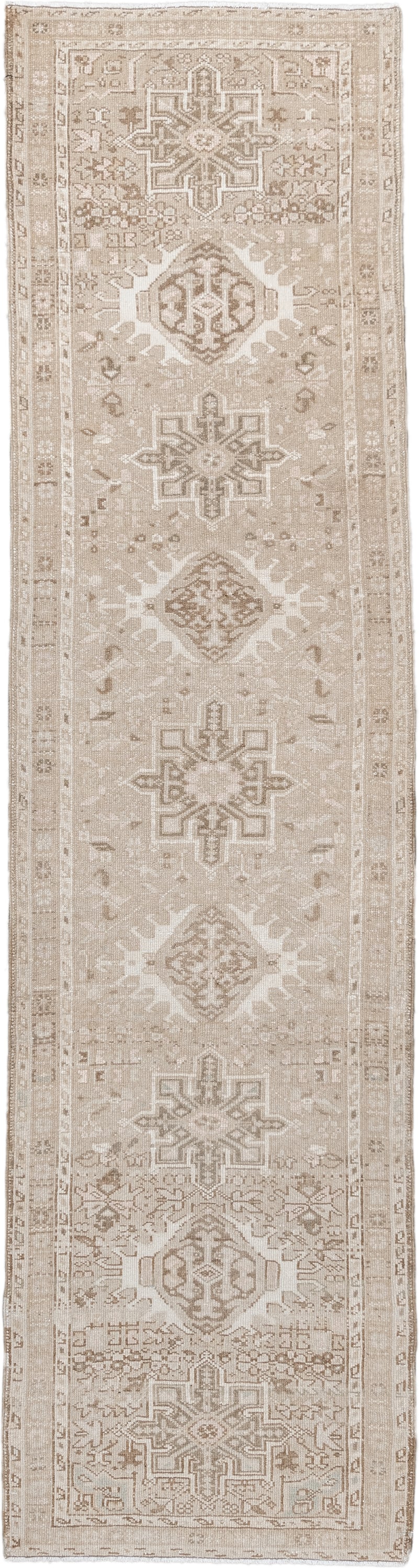 2' x 9' one-of-a-kind handmade antique Karaje runner rug. Color palette: ivory, taupe, sand, beige, camel, light brown, gray