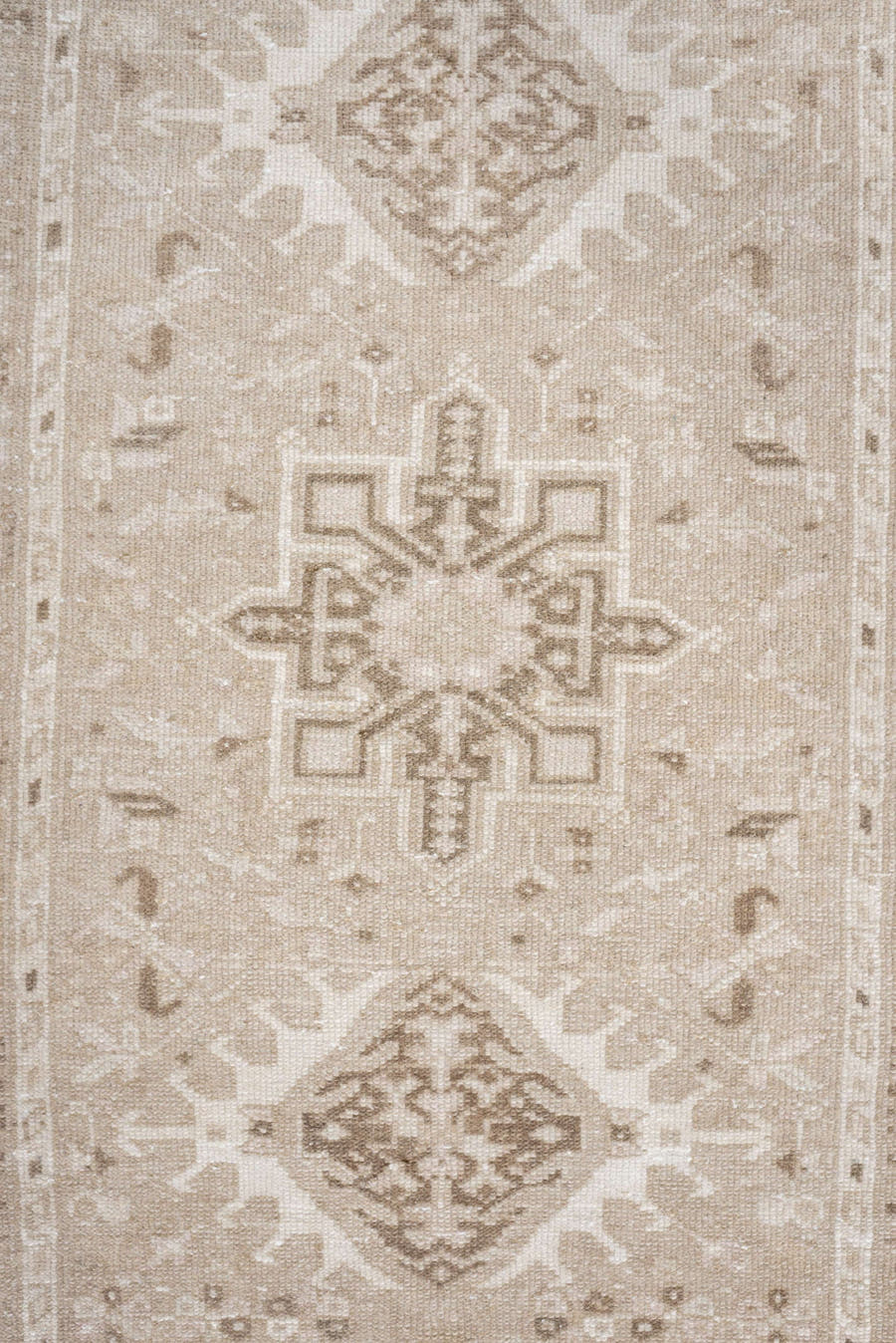 2' x 9' one-of-a-kind handmade antique Karaje runner rug. Color palette: ivory, taupe, sand, beige, camel, light brown, gray
