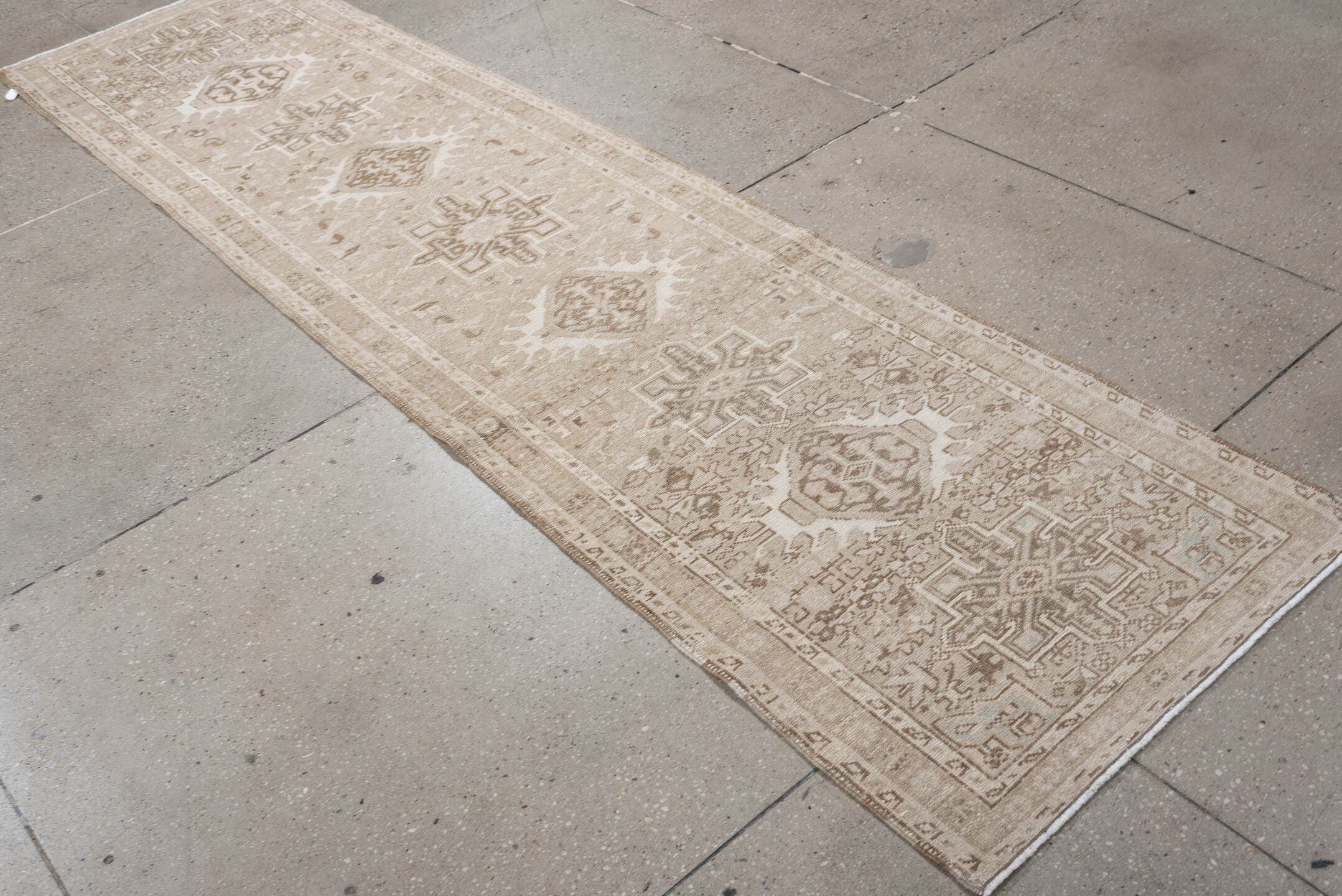 2' x 9' one-of-a-kind handmade antique Karaje runner rug. Color palette: ivory, taupe, sand, beige, camel, light brown, gray