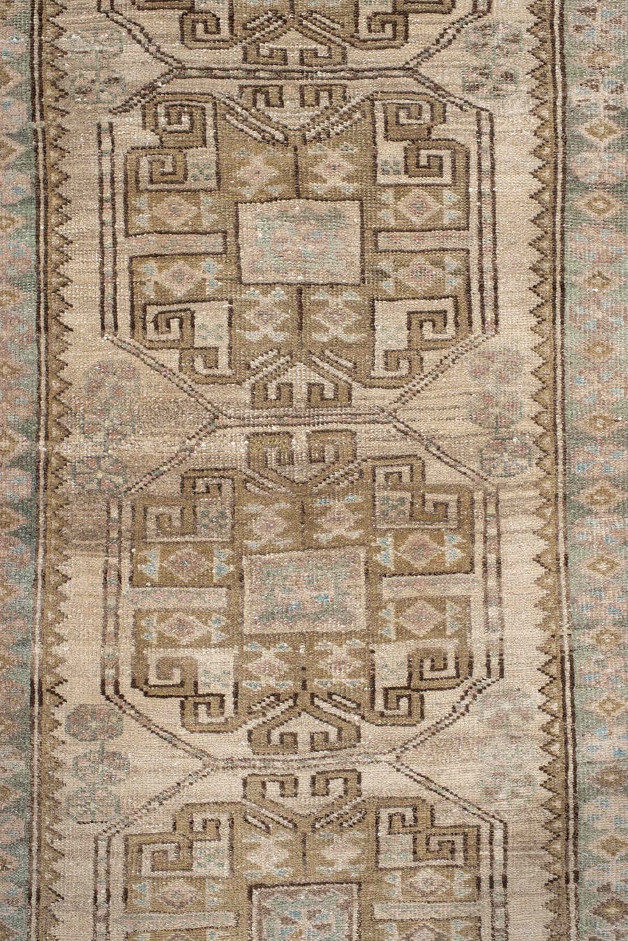 3' x 10' one-of-a-kind handmade antique Sarab runner rug. Color palette: ivory, sky blue, taupe, camel, brown, blush
