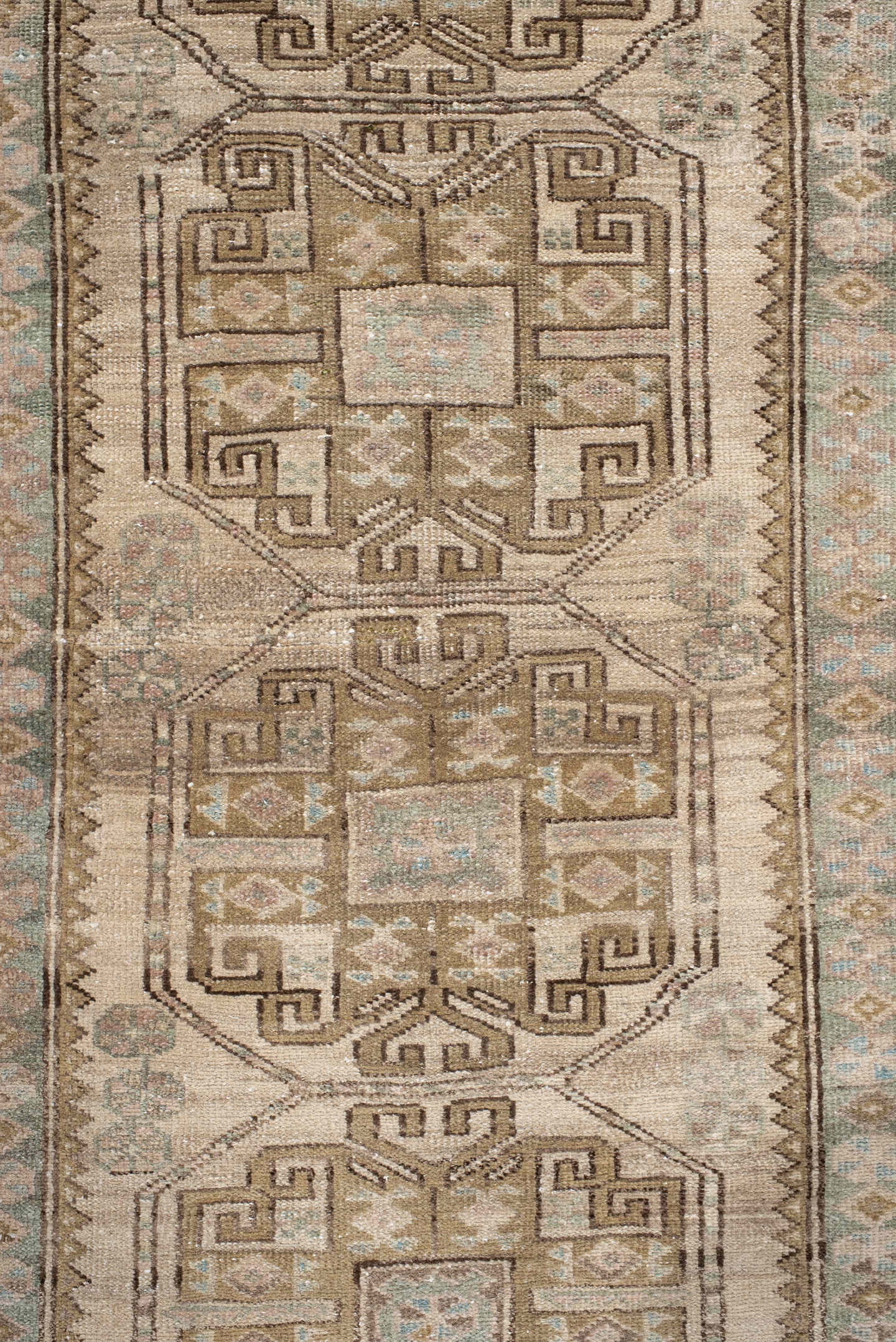 3' x 10' one-of-a-kind handmade antique Sarab runner rug. Color palette: ivory, sky blue, taupe, camel, brown, blush