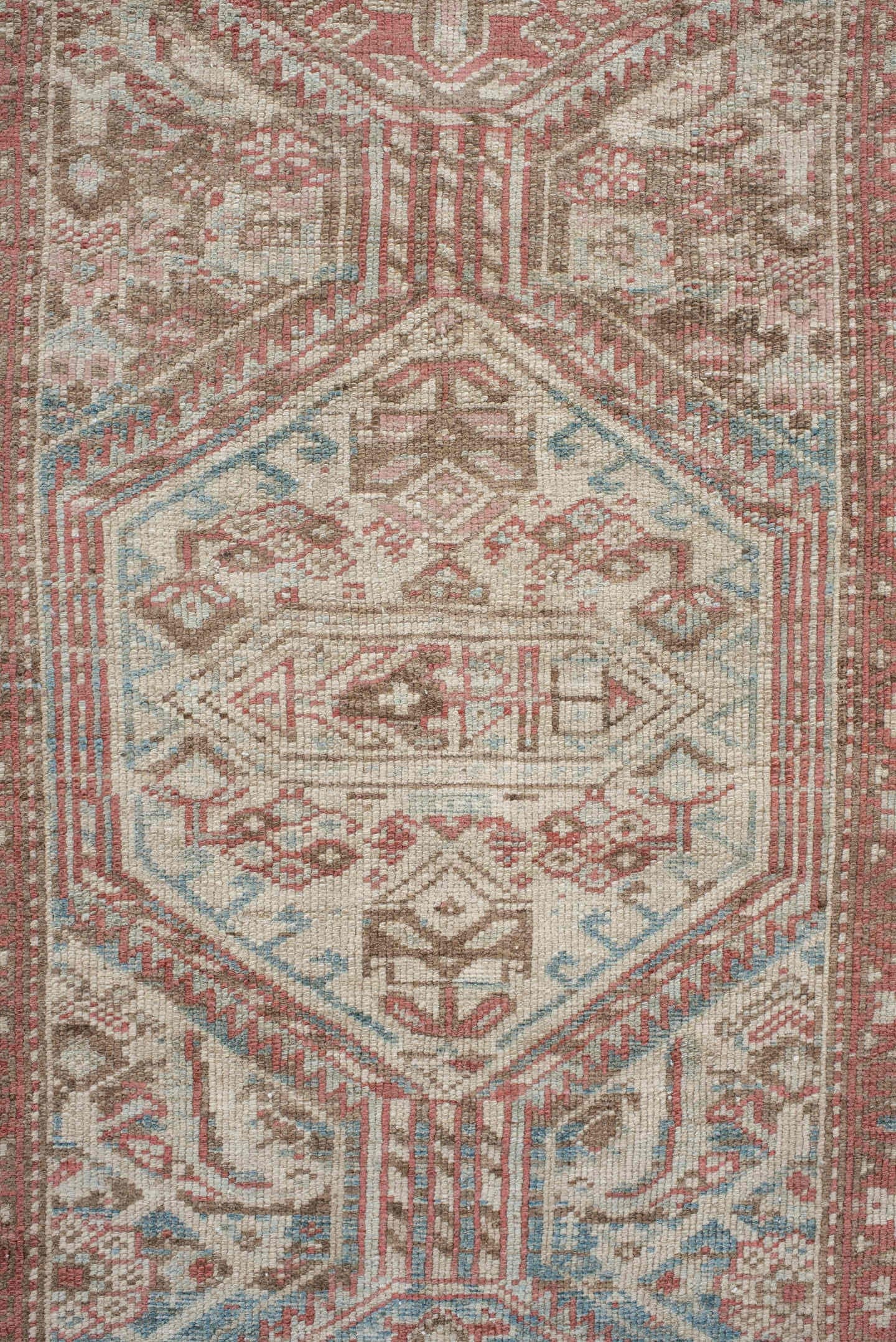 3' x 12' one-of-a-kind handmade vintage NW Persian runner rug. Color palette: ivory, rust, pale blue, taupe, camel