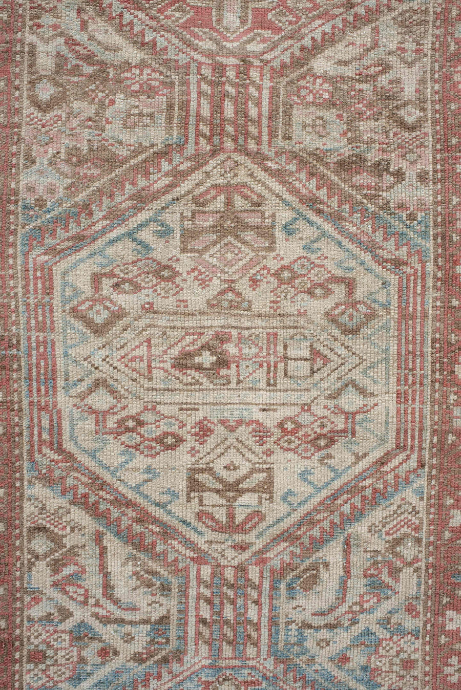 3' x 12' one-of-a-kind handmade vintage NW Persian runner rug. Color palette: ivory, rust, pale blue, taupe, camel