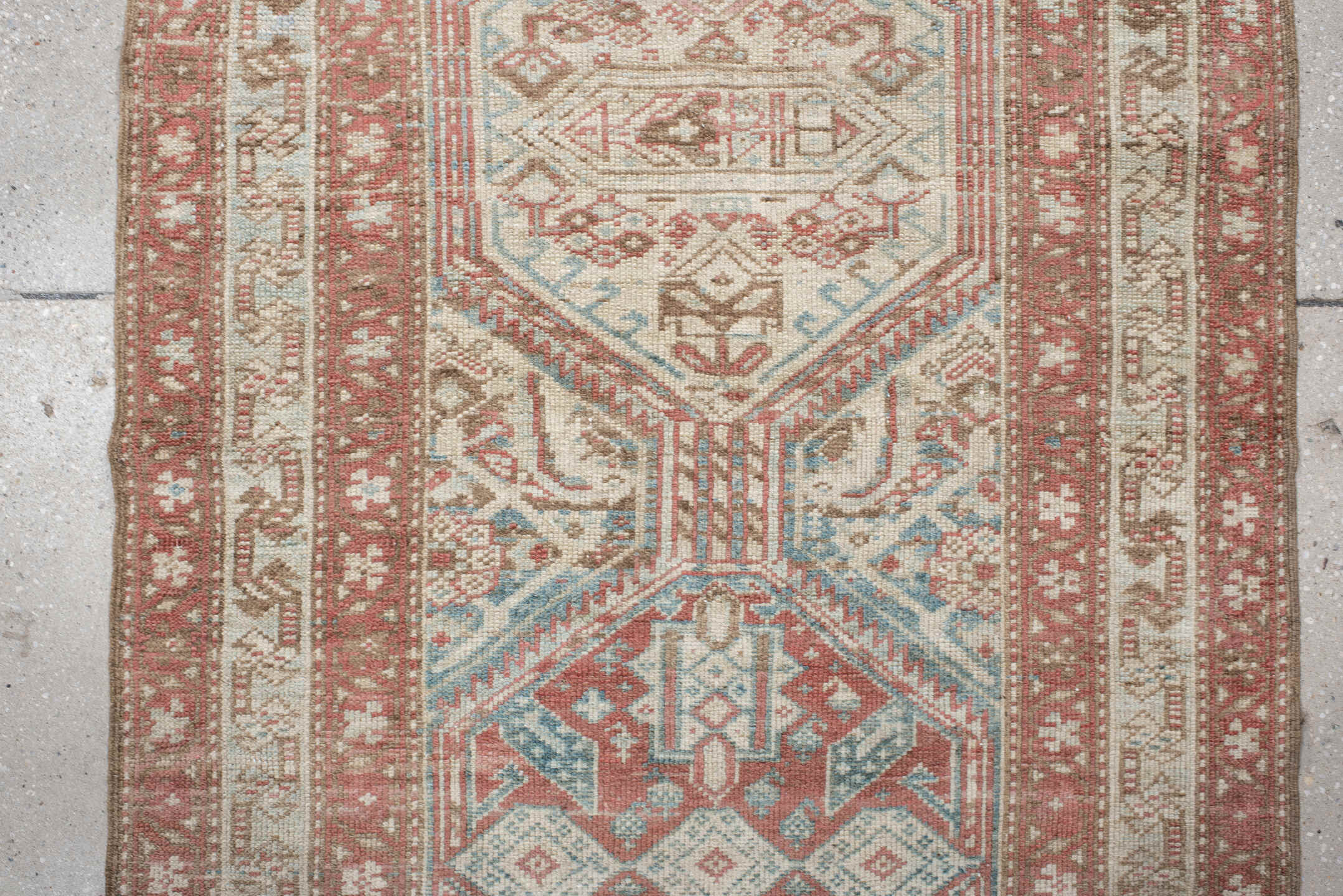 3' x 12' one-of-a-kind handmade vintage NW Persian runner rug. Color palette: ivory, rust, pale blue, taupe, camel