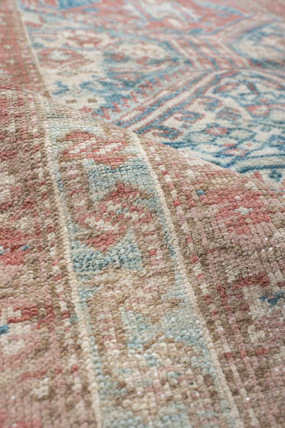 3' x 12' one-of-a-kind handmade vintage NW Persian runner rug. Color palette: ivory, rust, pale blue, taupe, camel
