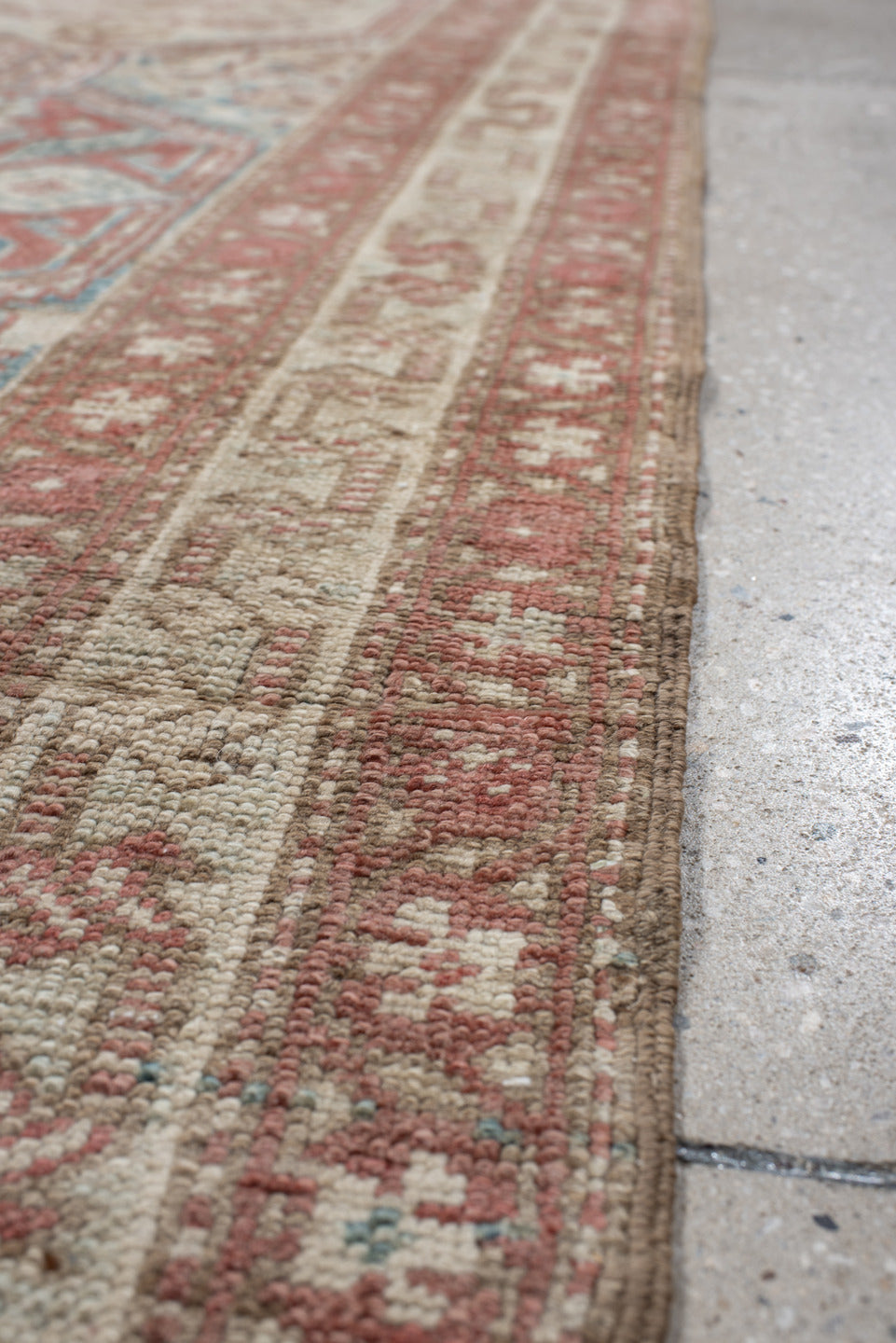 3' x 12' one-of-a-kind handmade vintage NW Persian runner rug. Color palette: ivory, rust, pale blue, taupe, camel