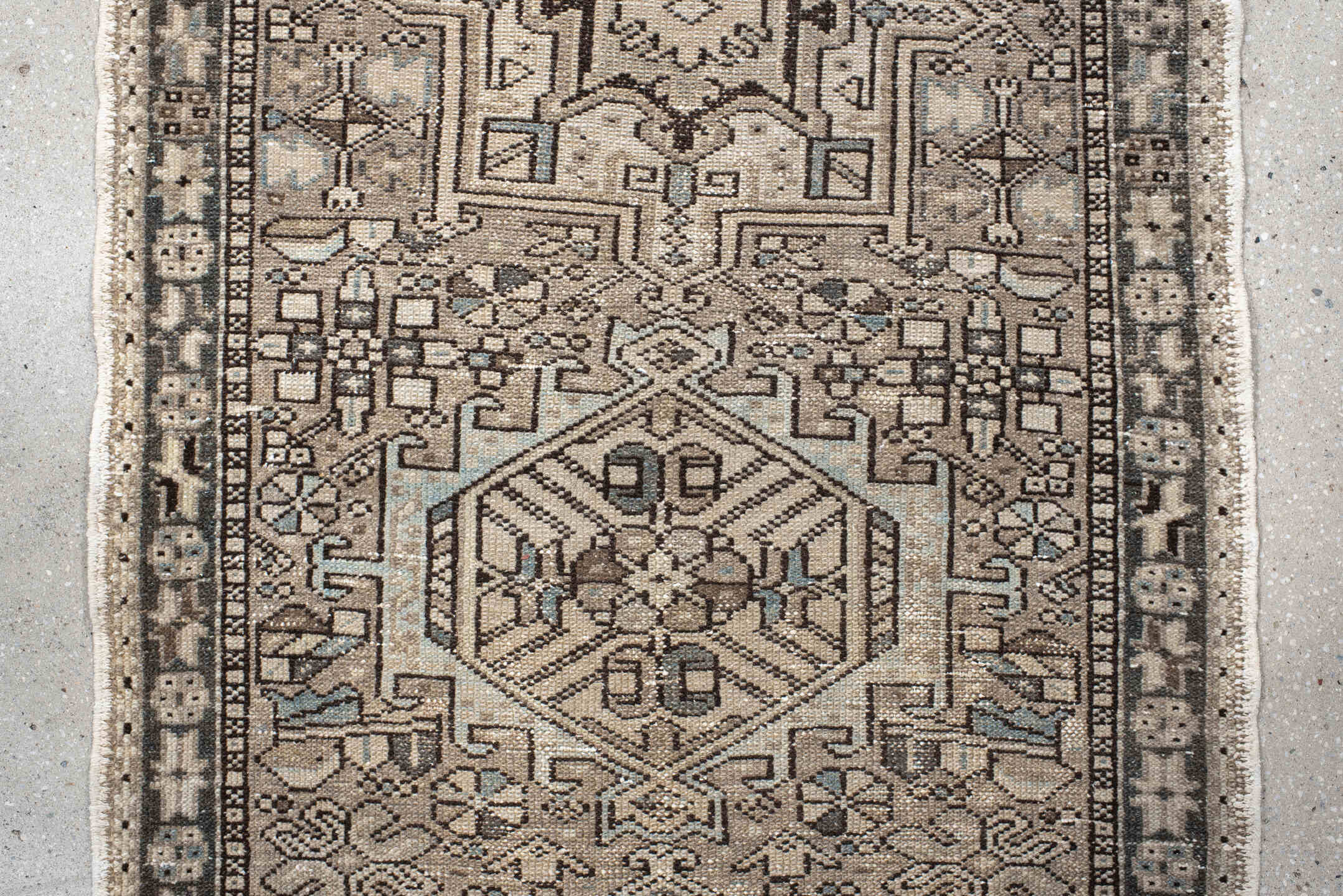 2' x 10' one-of-a-kind handmade vintage Karaje runner rug. Color palette: black, gray, off-white, light gray