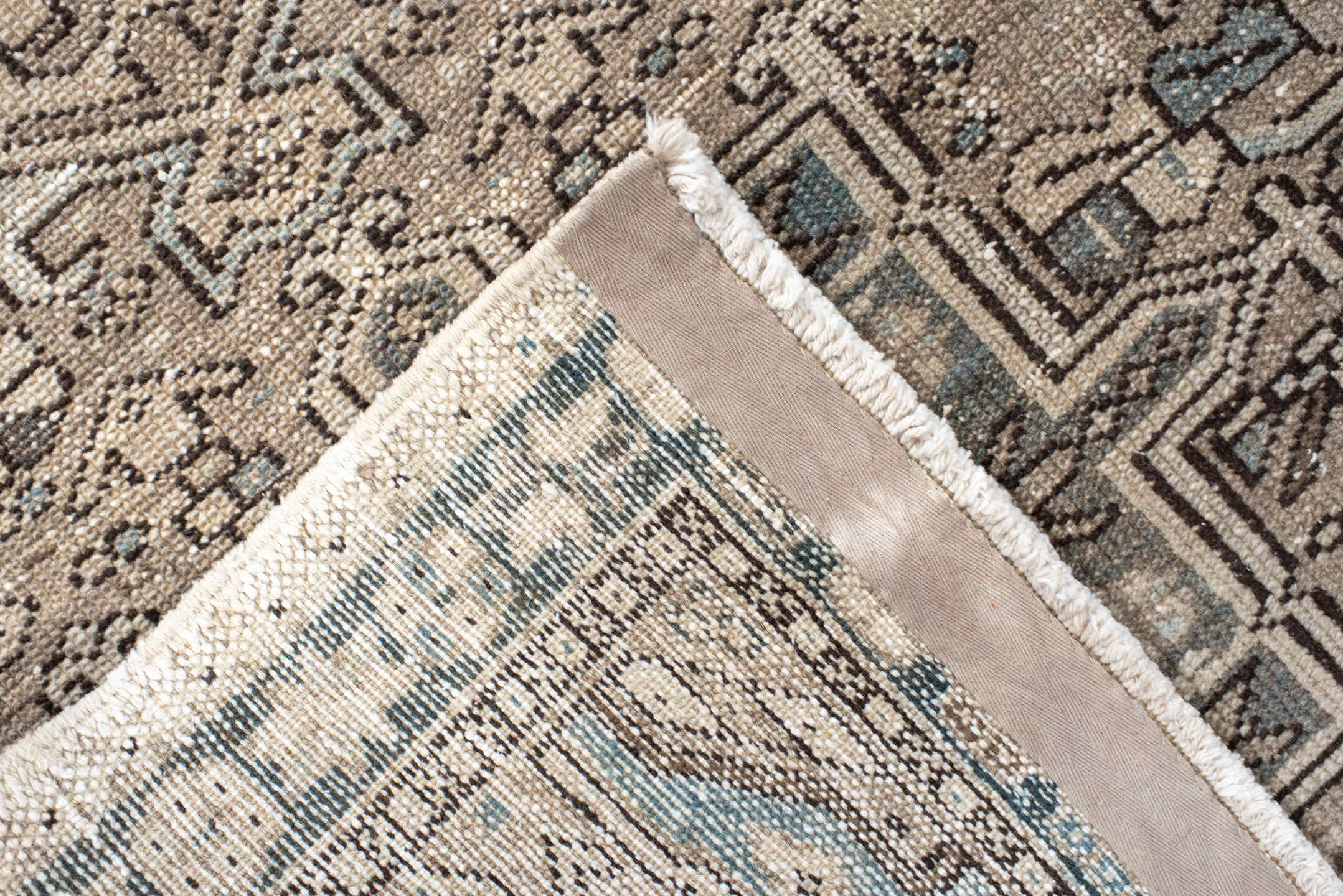 2' x 10' one-of-a-kind handmade vintage Karaje runner rug. Color palette: black, gray, off-white, light gray