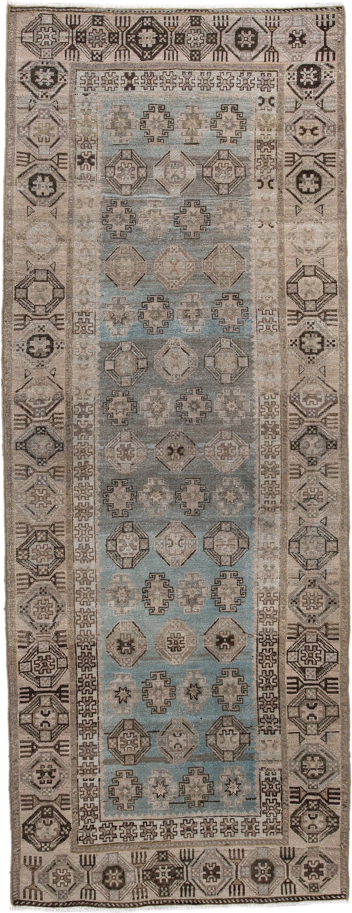 3' x 9' one-of-a-kind handmade antique Malayer runner rug. Color palette: ivory, sky blue, taupe, charcoal, beige, camel
