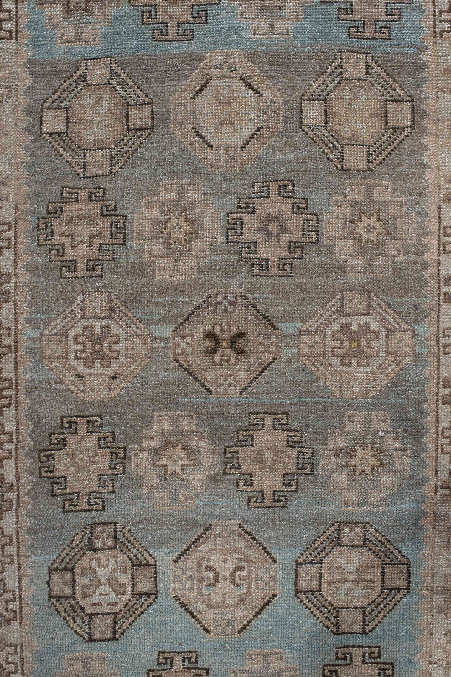 3' x 9' one-of-a-kind handmade antique Malayer runner rug. Color palette: ivory, sky blue, taupe, charcoal, beige, camel