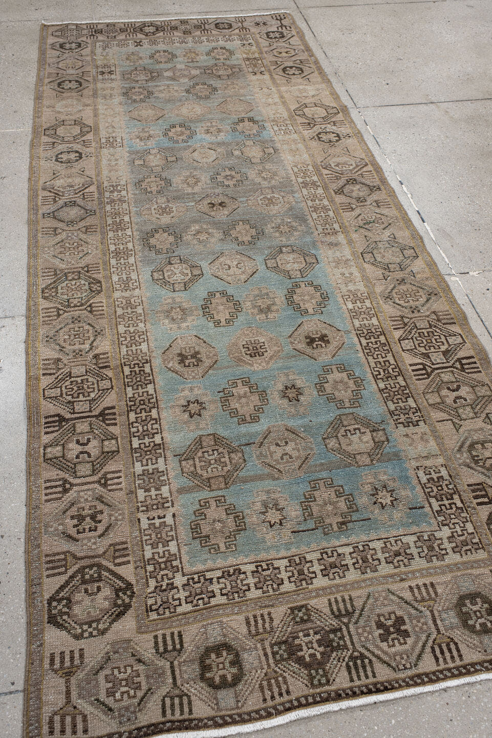 3' x 9' one-of-a-kind handmade antique Malayer runner rug. Color palette: ivory, sky blue, taupe, charcoal, beige, camel