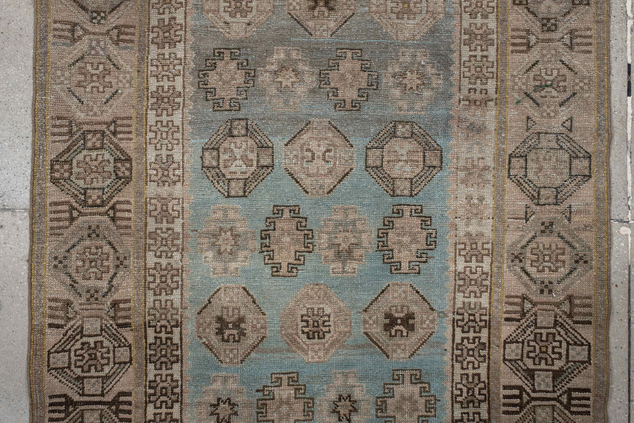 3' x 9' one-of-a-kind handmade antique Malayer runner rug. Color palette: ivory, sky blue, taupe, charcoal, beige, camel