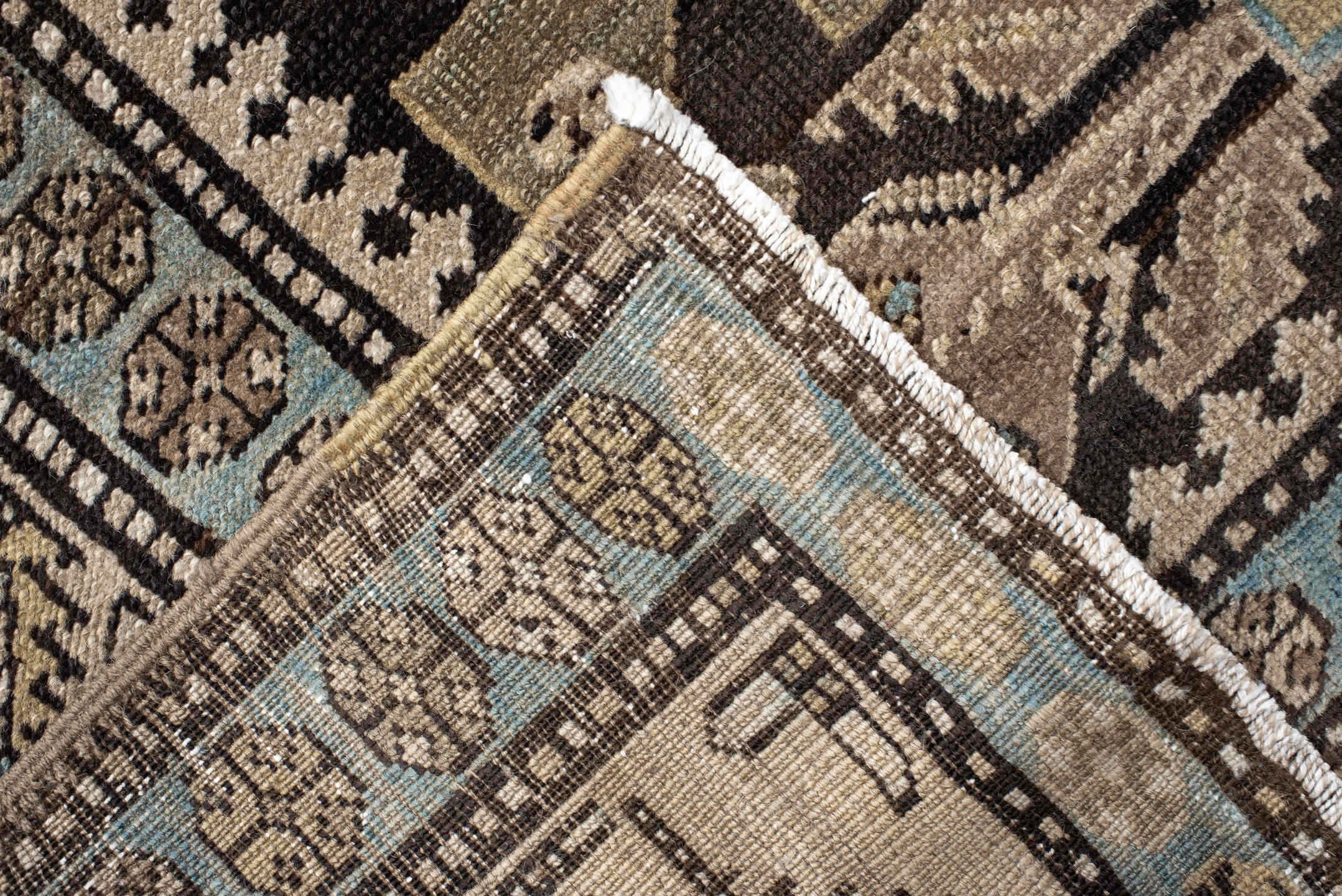 3' x 15' one-of-a-kind handmade antique NW Persian runner rug. Color palette: brown, ivory, camel, light blue, taupe