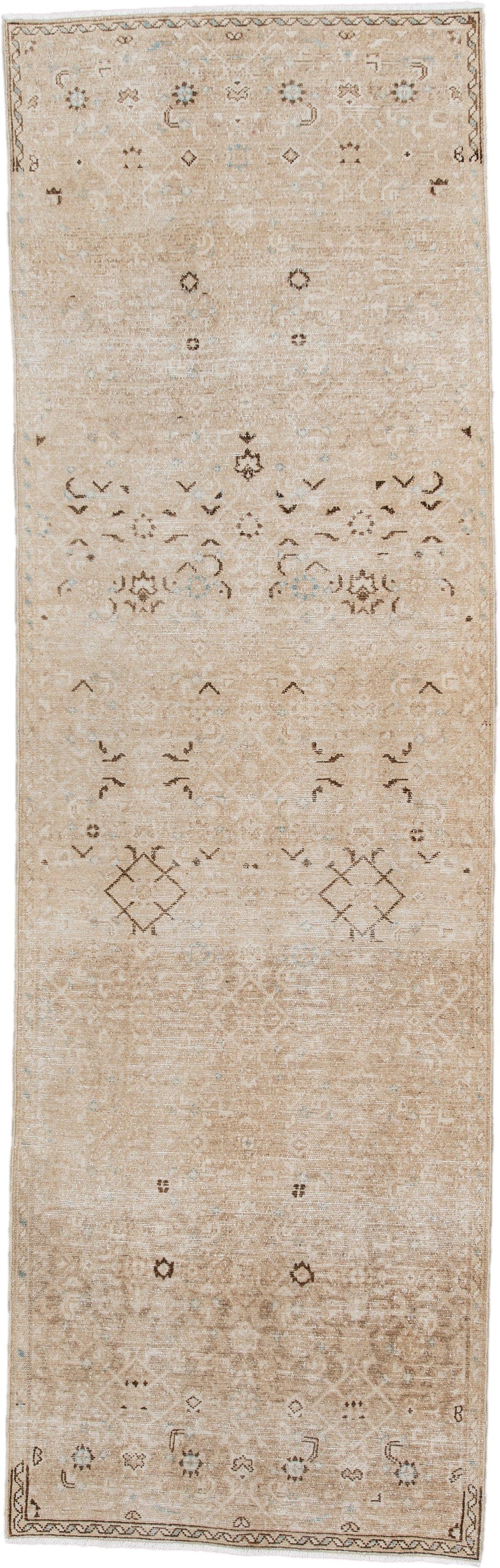 2' x 8' one-of-a-kind handmade antique Malayer runner rug. Color palette: camel, ivory, taupe, brown, pale blue, beige, gray