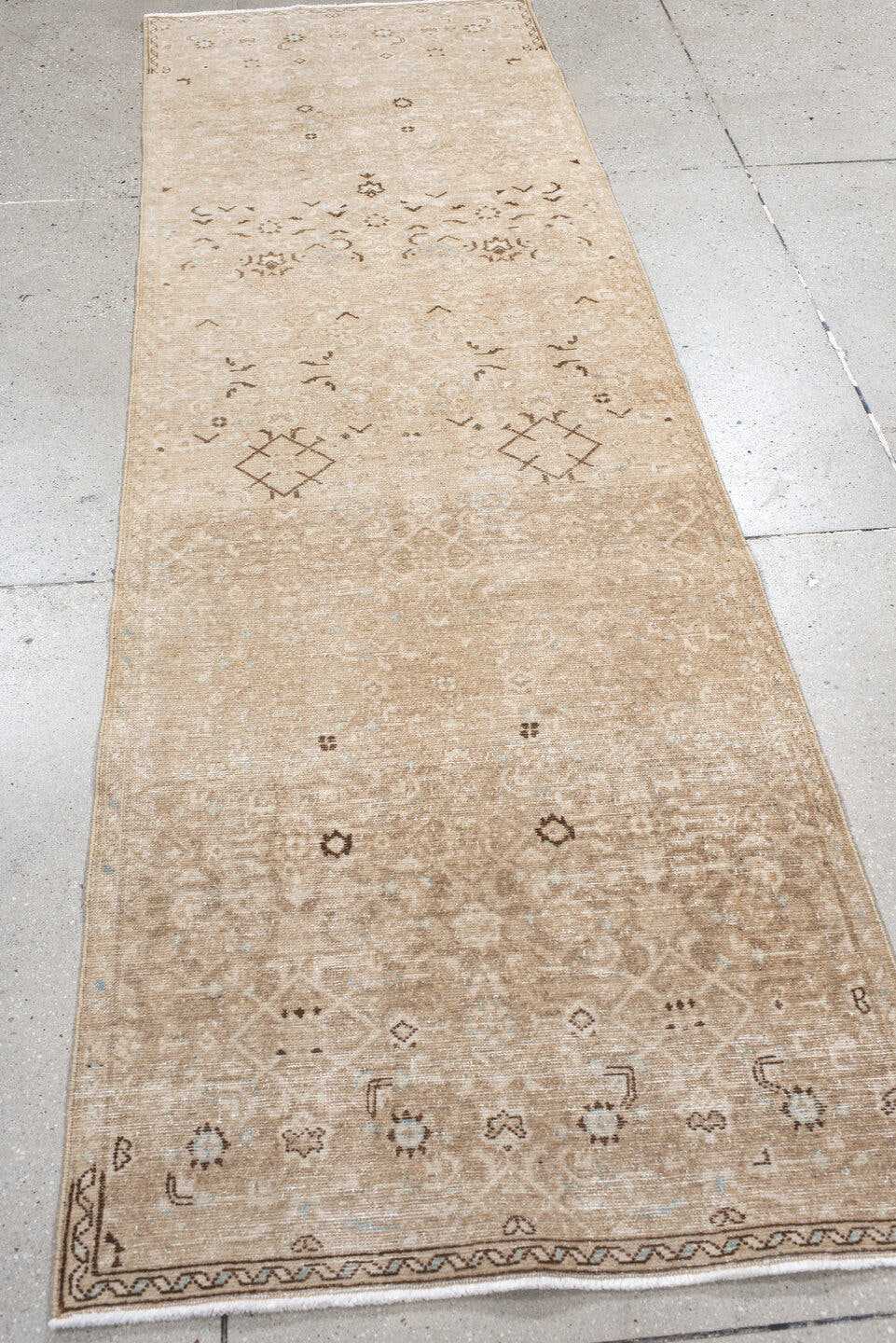 2' x 8' one-of-a-kind handmade antique Malayer runner rug. Color palette: camel, ivory, taupe, brown, pale blue, beige, gray