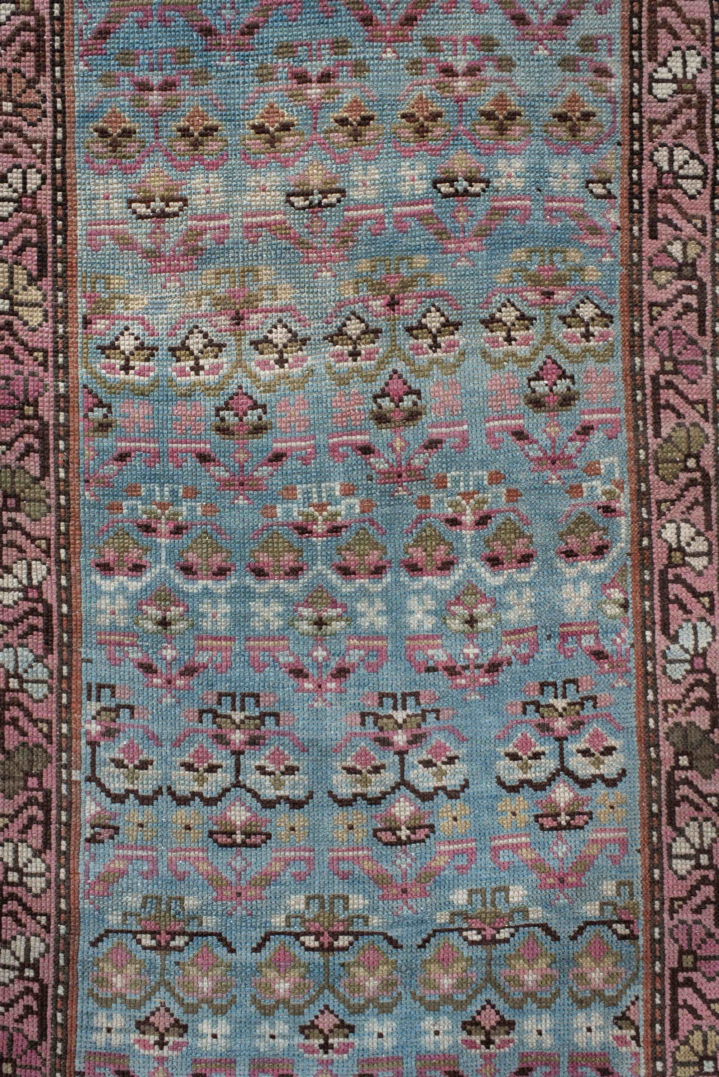 3' x 12' one-of-a-kind handmade antique NW Persian runner rug. Color palette: sky blue, rose, ivory, brown, slate, burgundy