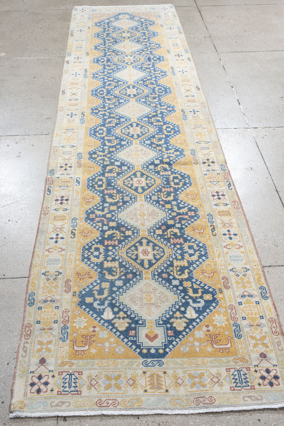 2' x 11' one-of-a-kind handmade vintage Sivas runner rug. Color palette: blue, brown, gainsboro, gray, light gray, off-white