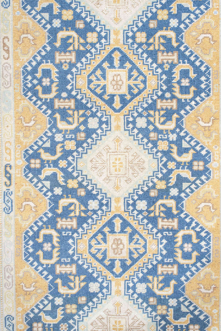 2' x 11' one-of-a-kind handmade antique Sivas runner rug. Color palette: ivory, indigo, gold, camel, pale_blue, taupe, rose