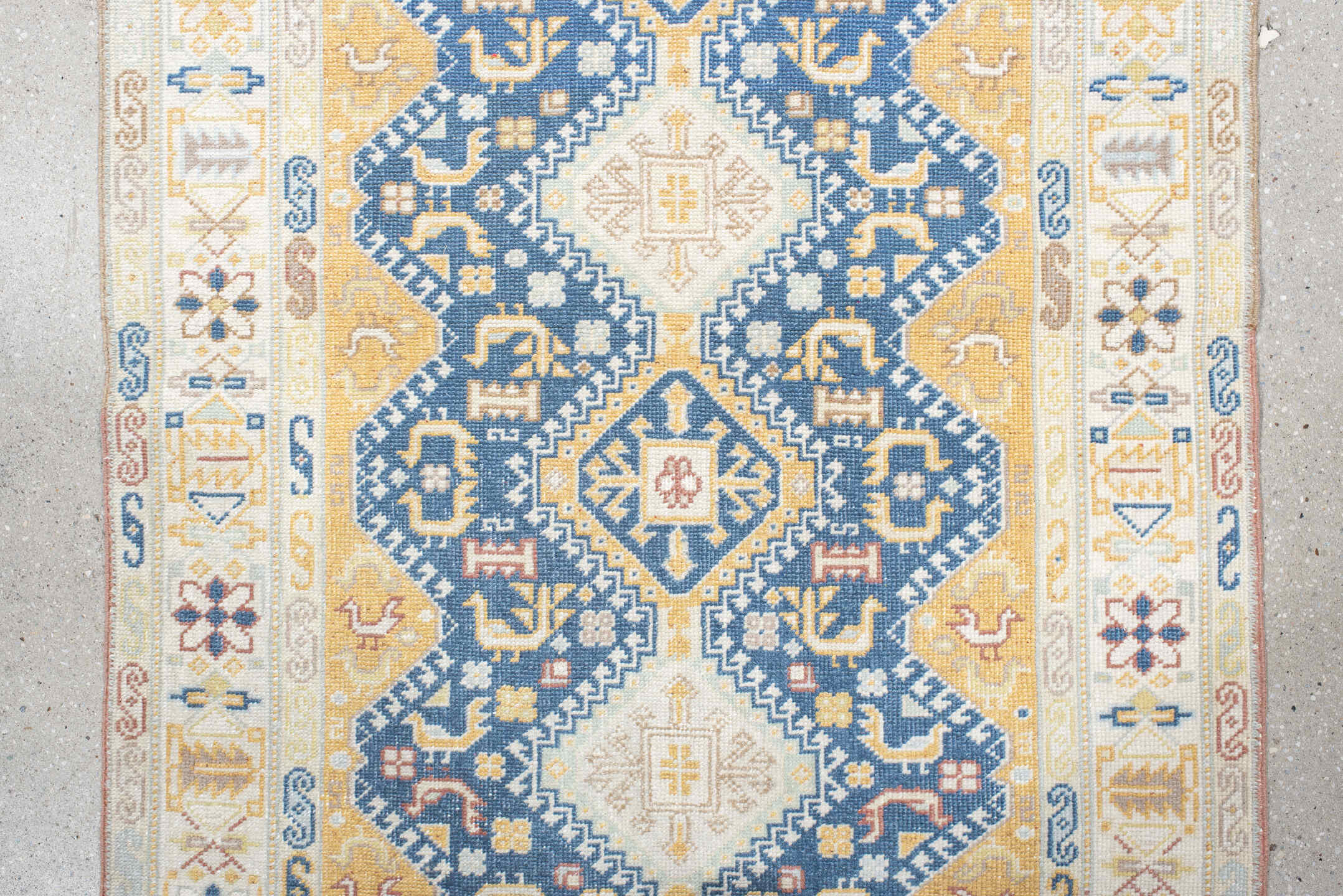 2' x 11' one-of-a-kind handmade vintage Sivas runner rug. Color palette: blue, brown, gainsboro, gray, light gray, off-white