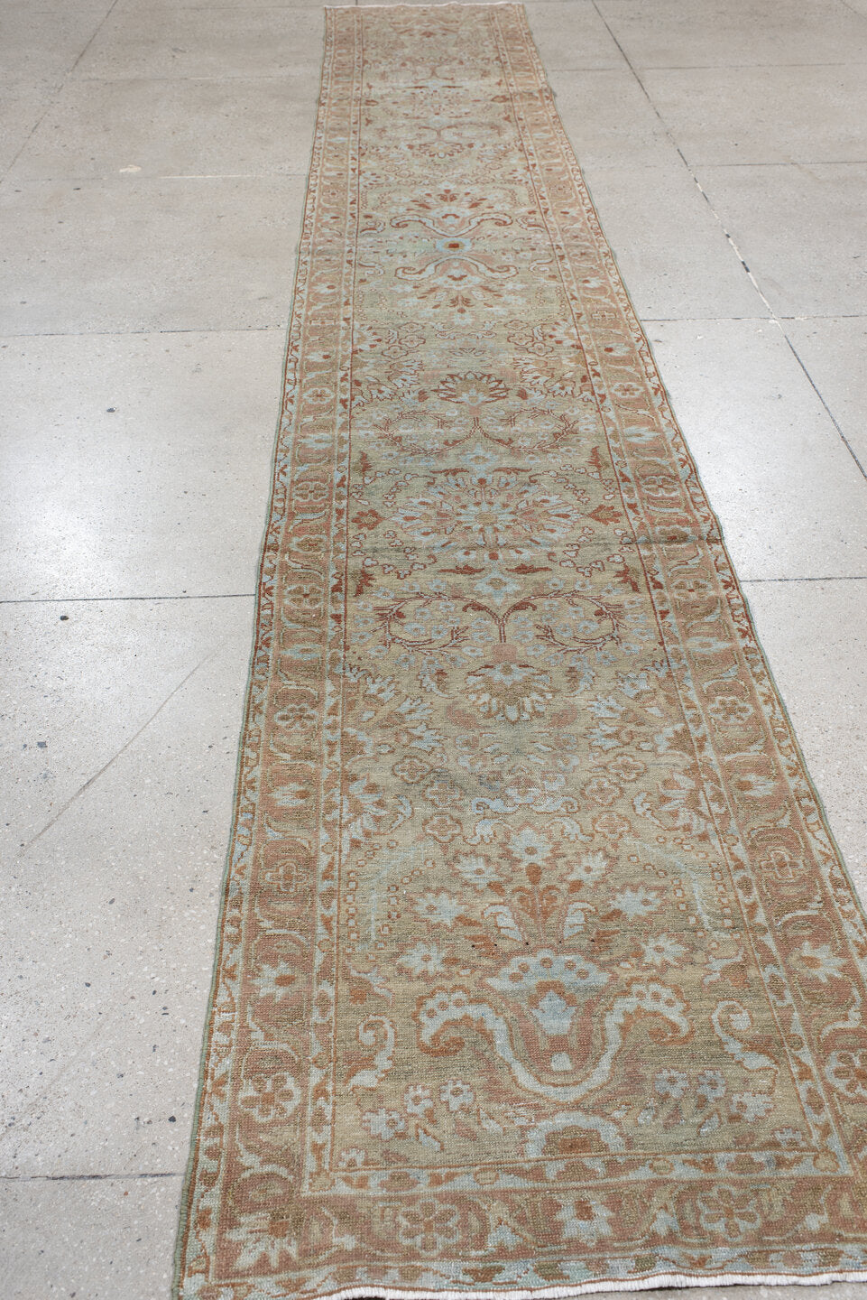 2' x 16' one-of-a-kind handmade antique Malayer runner rug. Color palette: ivory, blush, rust, pale aqua, beige, camel, pink