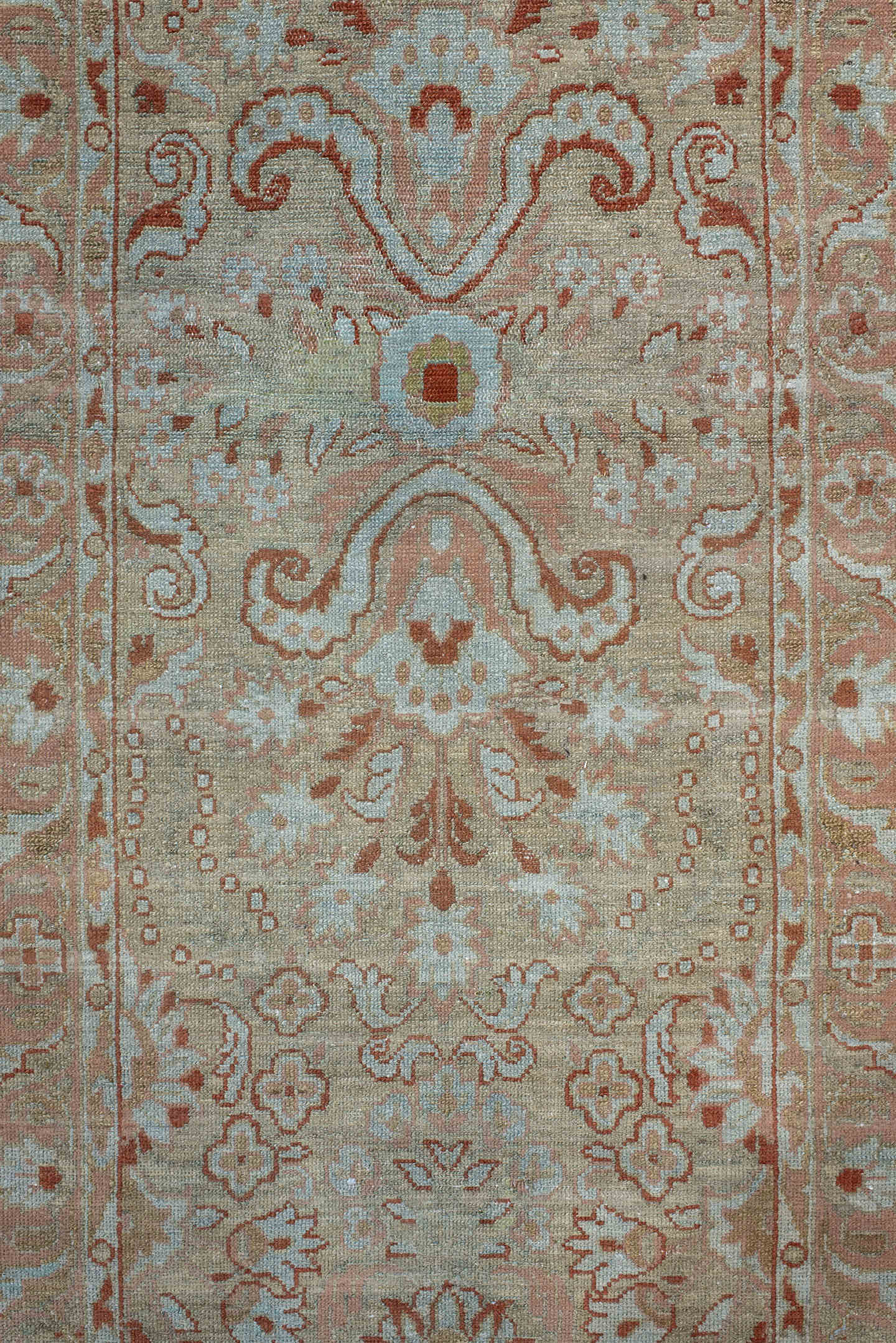 2' x 16' one-of-a-kind handmade antique Malayer runner rug. Color palette: ivory, blush, rust, pale aqua, beige, camel, pink