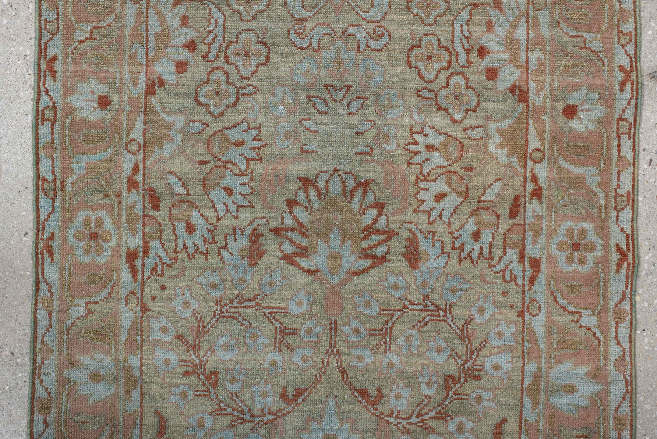 2' x 16' one-of-a-kind handmade antique Malayer runner rug. Color palette: ivory, blush, rust, pale aqua, beige, camel, pink