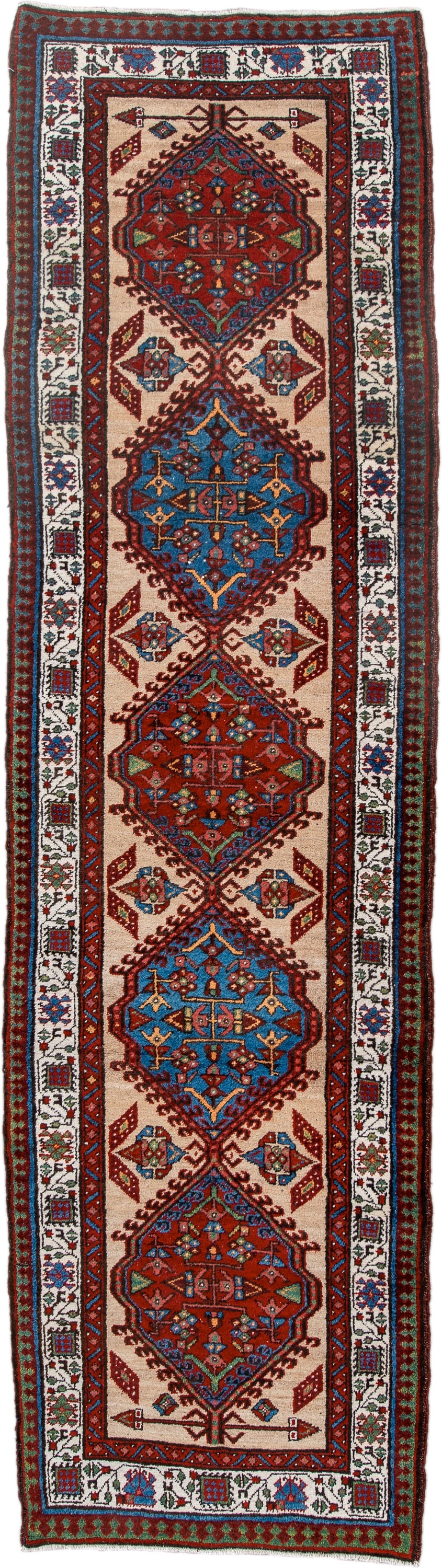 3' x 10' one-of-a-kind handmade antique Sarab runner rug. Color palette: ivory, rust, sky blue, crimson, navy, teal, brown