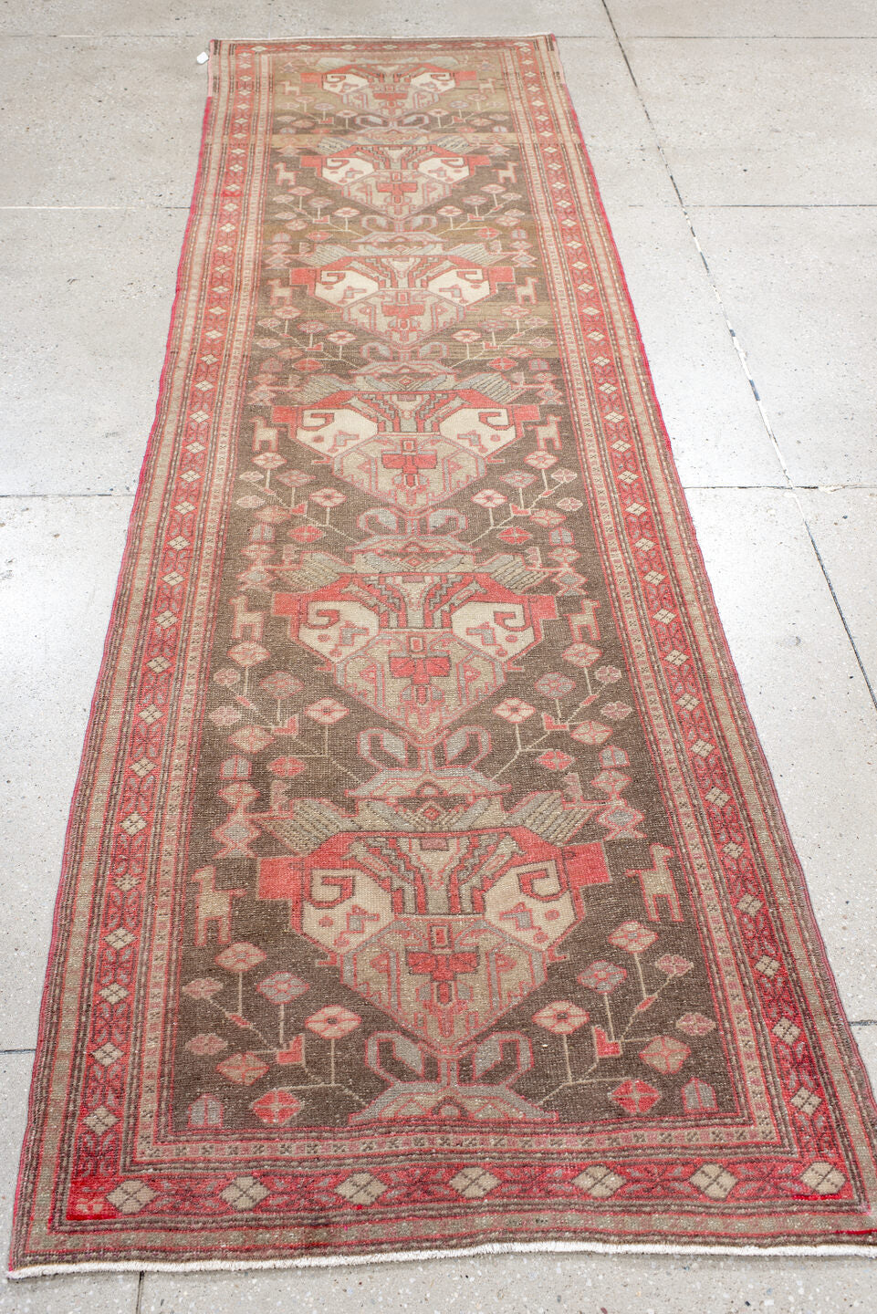 2' x 10' one-of-a-kind handmade vintage Sarab runner rug. Color palette: brown, gray, indian red, light gray, off-white