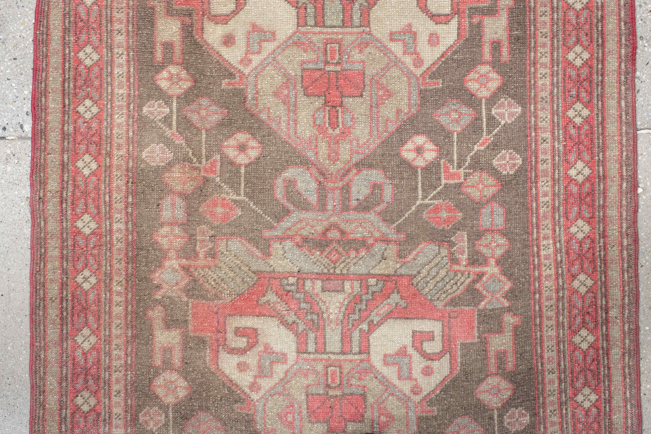 2' x 10' one-of-a-kind handmade vintage Sarab runner rug. Color palette: brown, gray, indian red, light gray, off-white