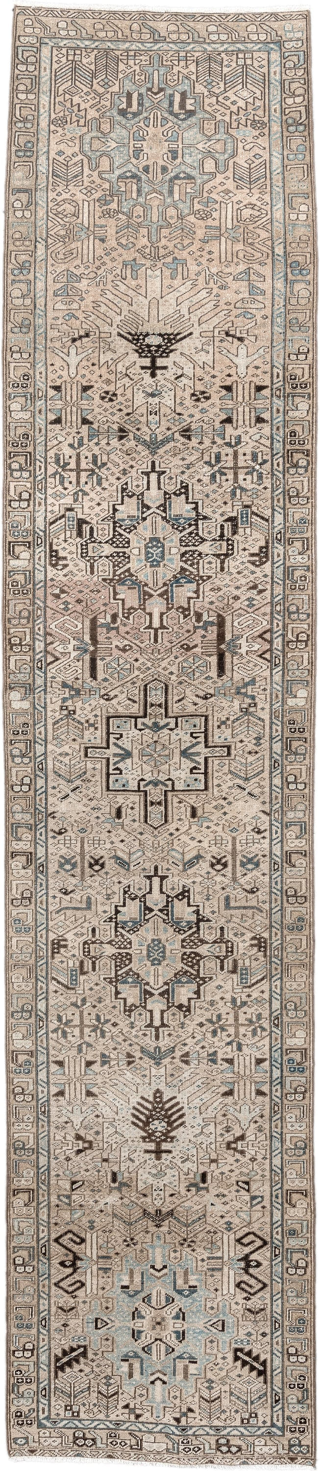 3' x 14' one-of-a-kind handmade antique Karaje runner rug. Color palette: ivory, sky blue, taupe, camel, charcoal, brown