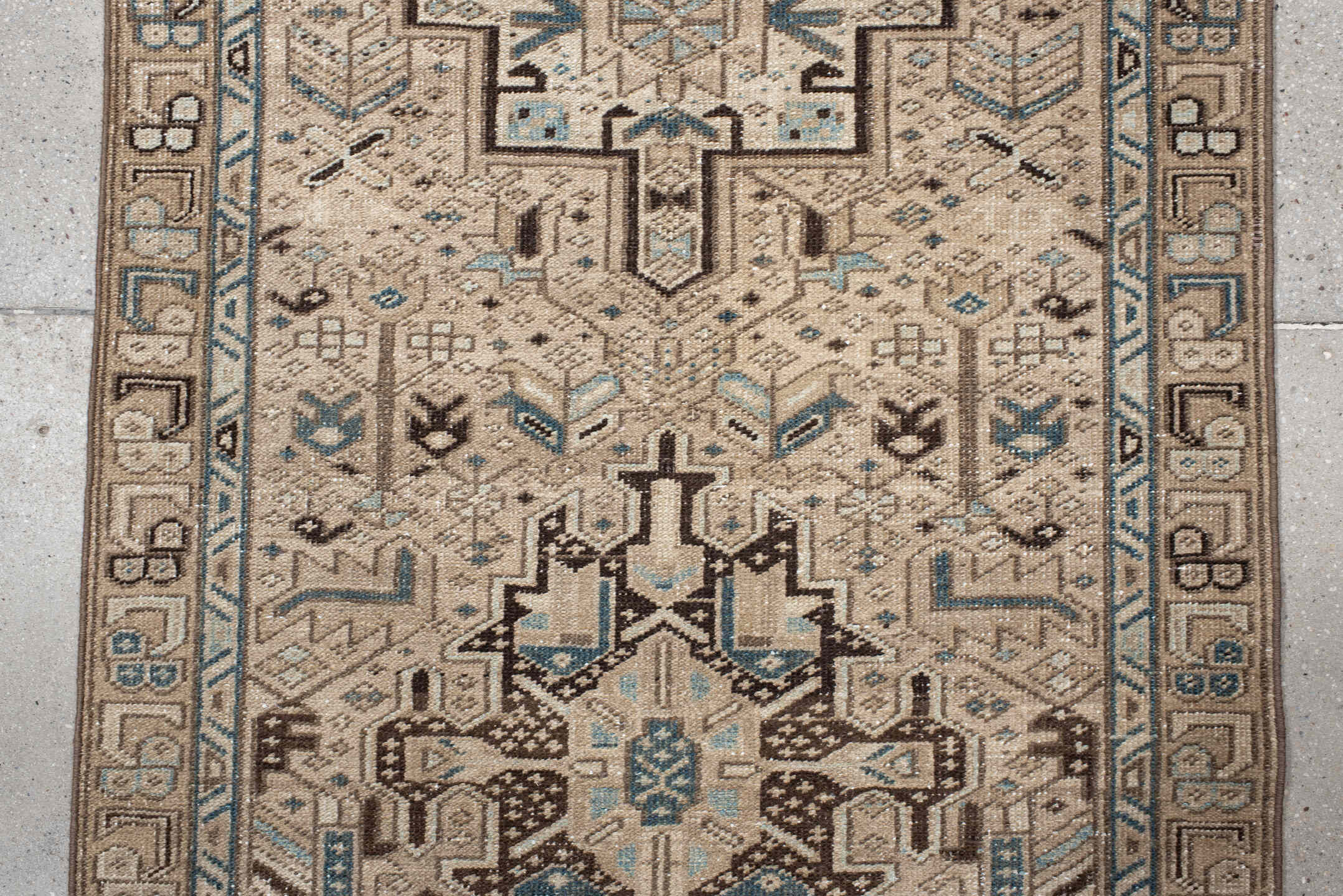 3' x 14' one-of-a-kind handmade antique Karaje runner rug. Color palette: ivory, sky blue, taupe, camel, charcoal, brown