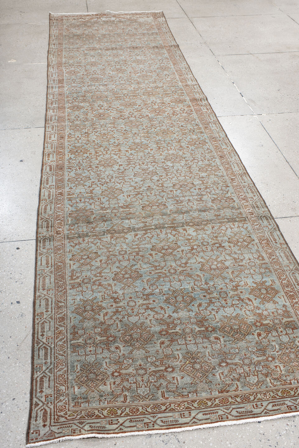 13' x 3' one-of-a-kind handmade antique Senne rug. Color palette: sky blue, ivory, rust, taupe, camel, sage, brown