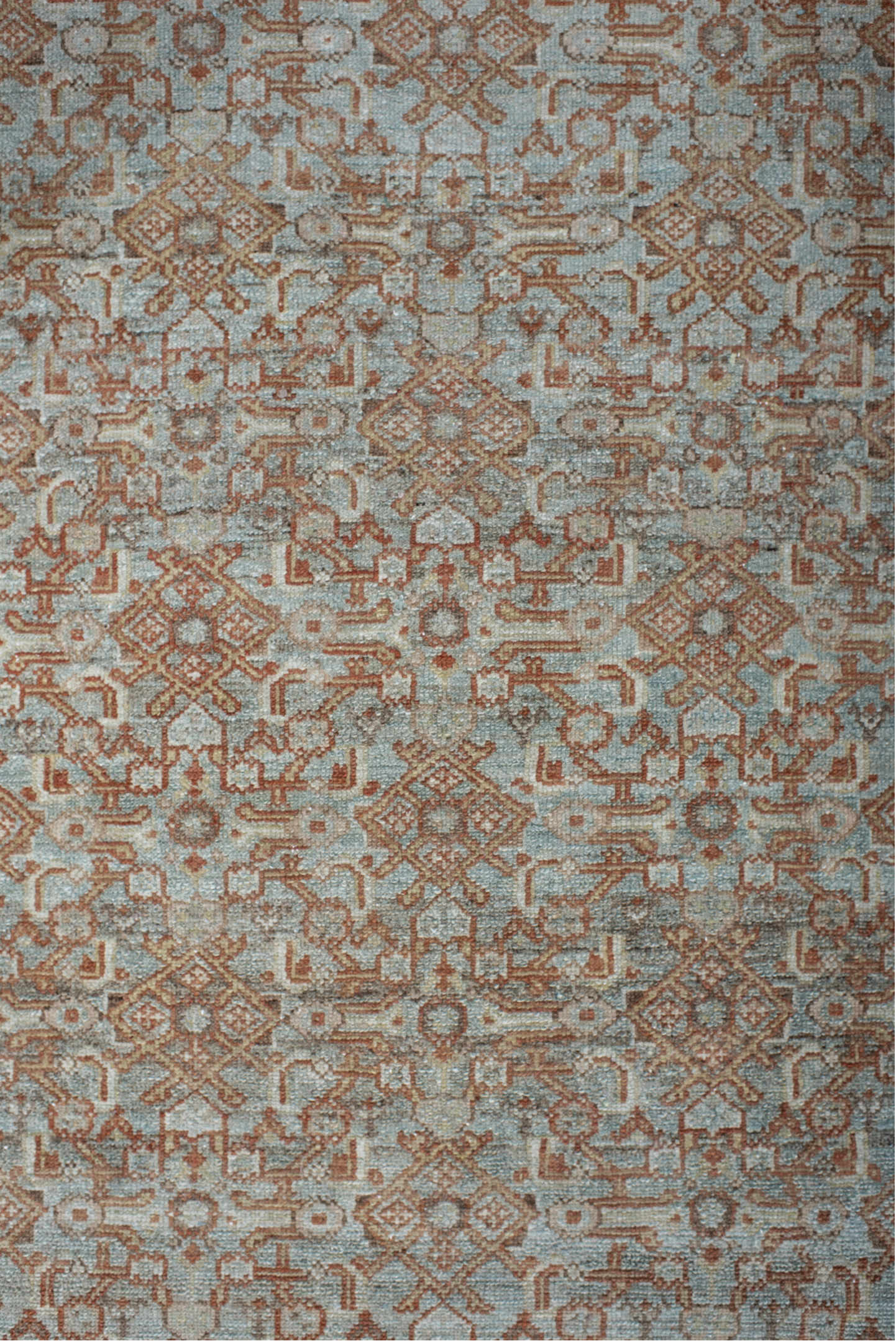 13' x 3' one-of-a-kind handmade antique Senne rug. Color palette: sky blue, ivory, rust, taupe, camel, sage, brown