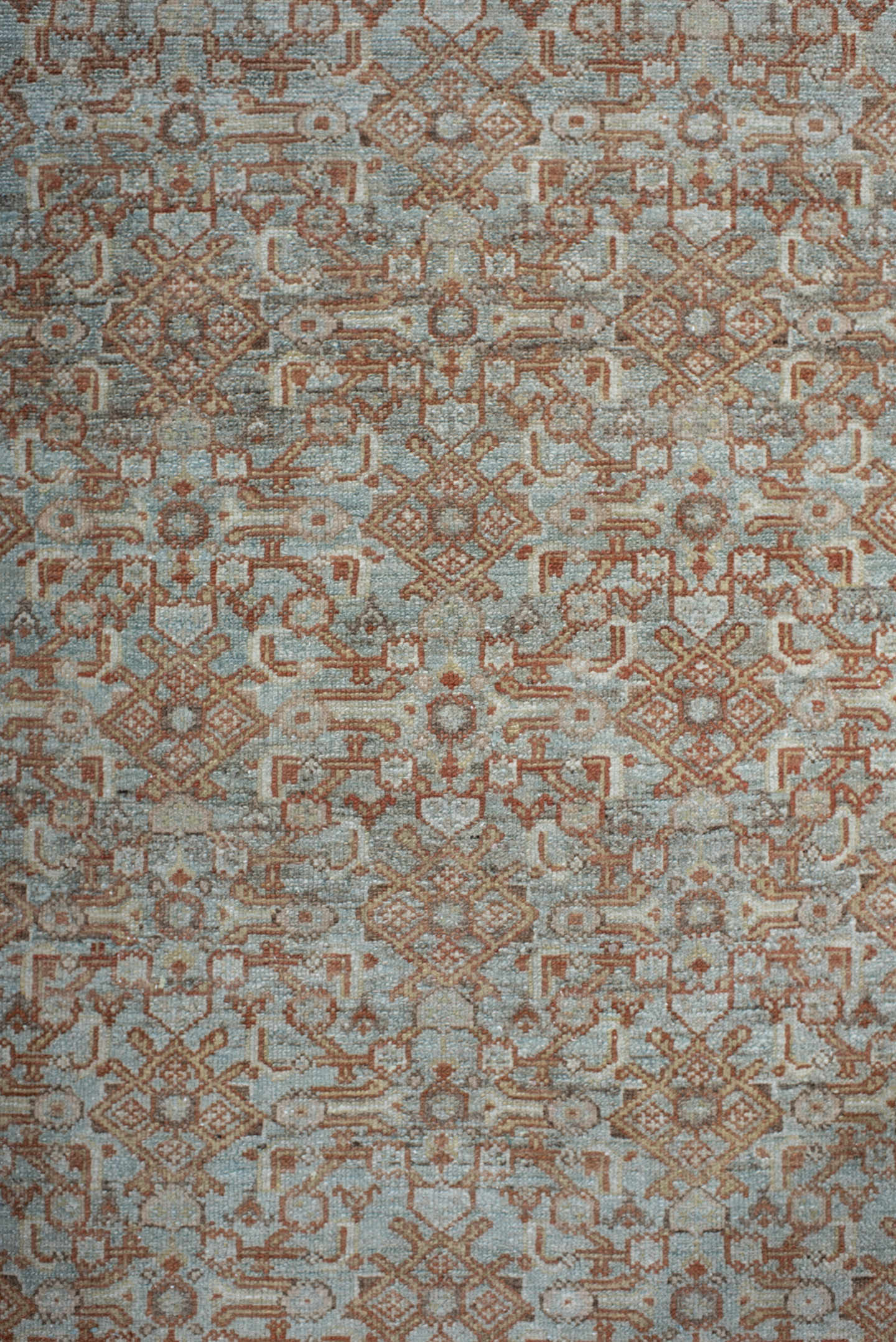 13' x 3' one-of-a-kind handmade antique Senne rug. Color palette: sky blue, ivory, rust, taupe, camel, sage, brown
