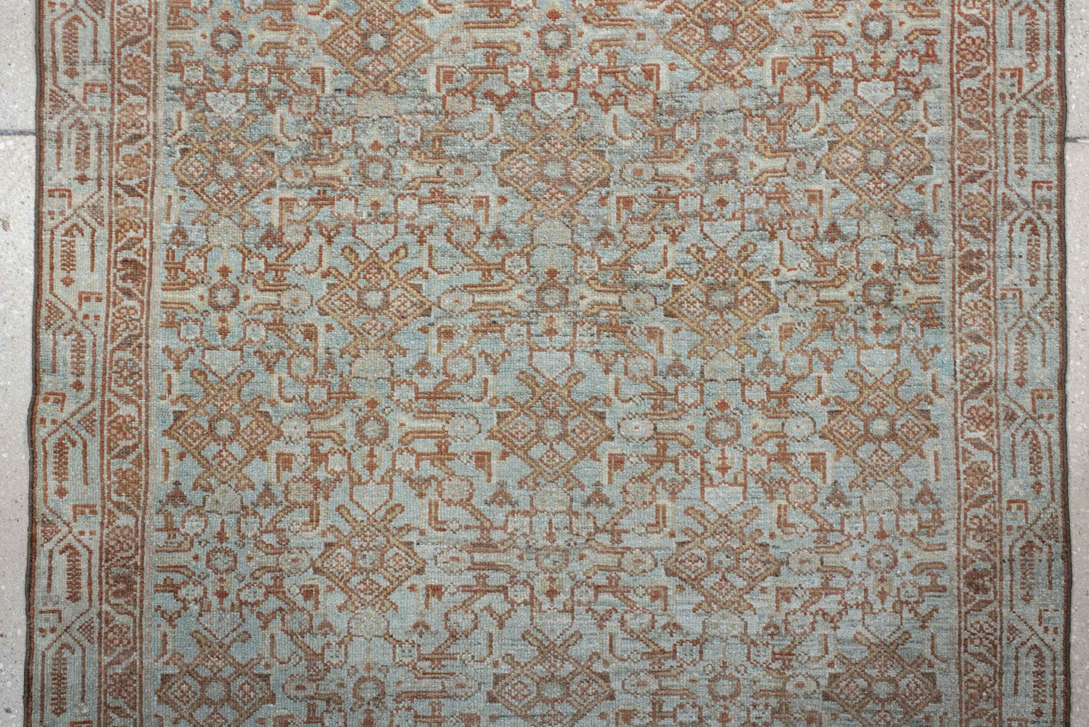 13' x 3' one-of-a-kind handmade antique Senne rug. Color palette: sky blue, ivory, rust, taupe, camel, sage, brown