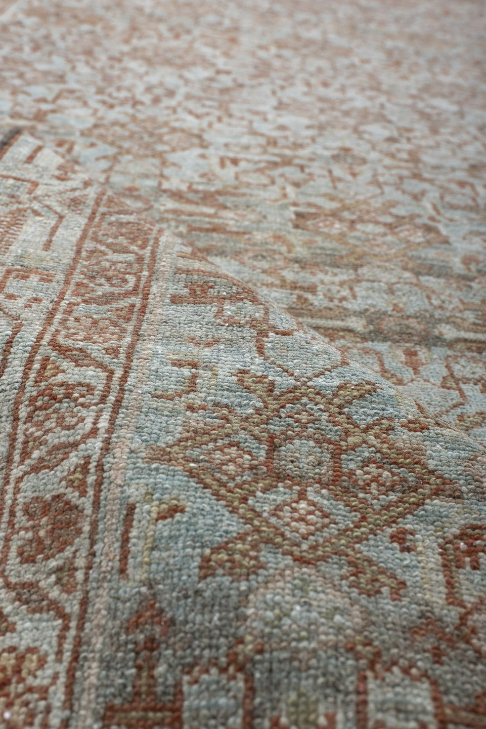 13' x 3' one-of-a-kind handmade antique Senne rug. Color palette: sky blue, ivory, rust, taupe, camel, sage, brown