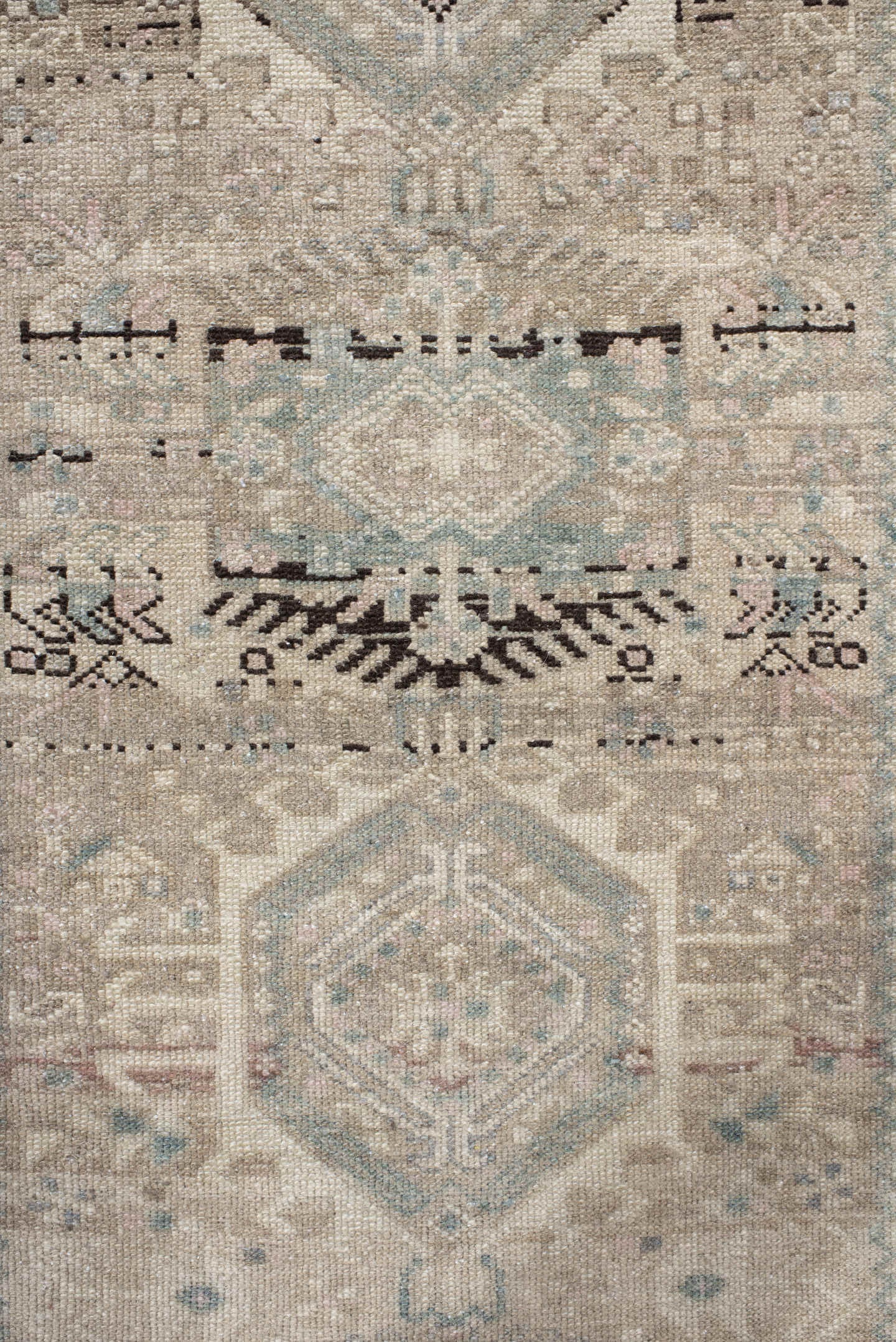 3' x 12' one-of-a-kind handmade antique Karaje runner rug. Color palette: ivory, taupe, pale blue, brown, charcoal, beige