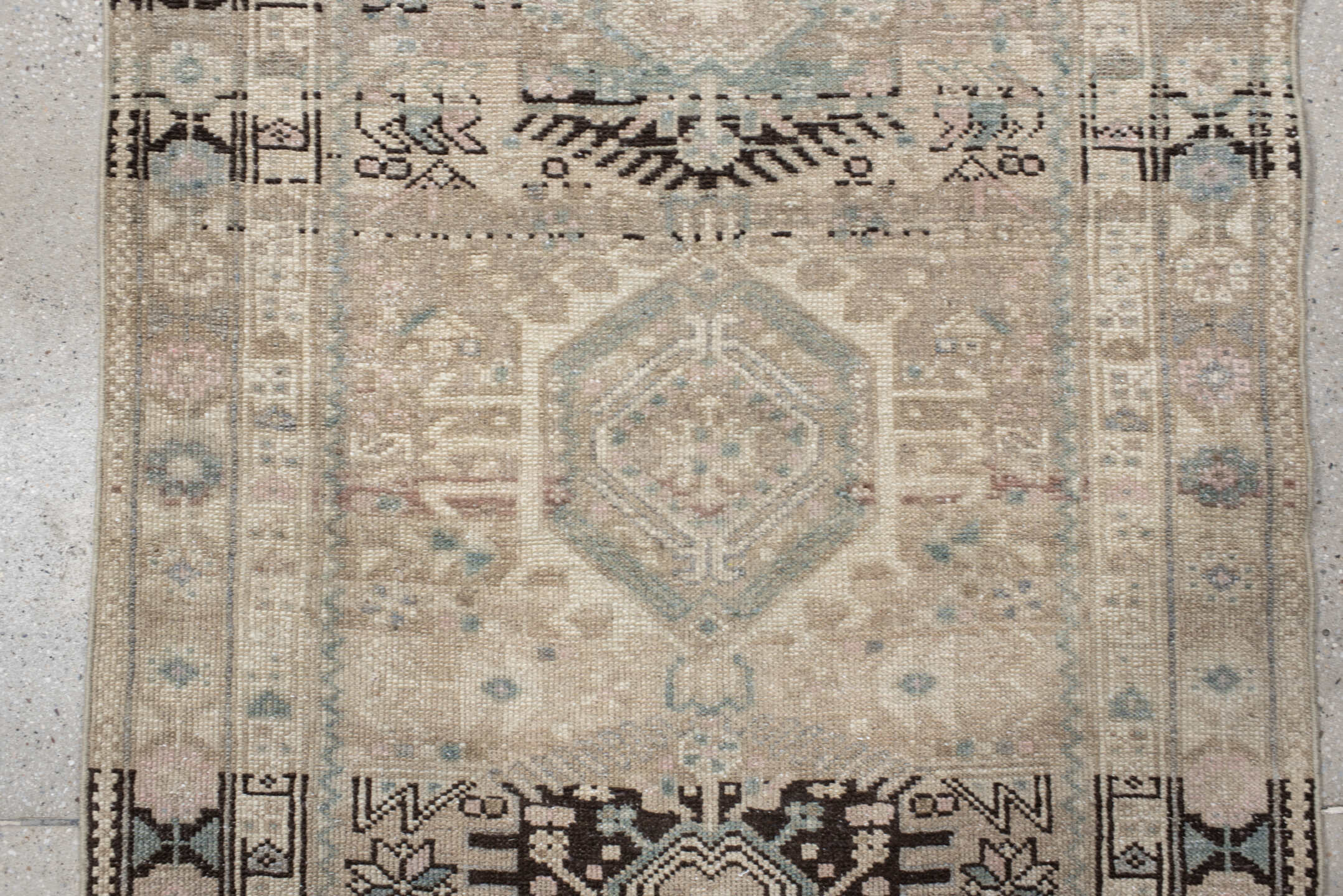 3' x 12' one-of-a-kind handmade vintage Karaje runner rug. Color palette: black, dim gray, gray, light gray, off-white, pink