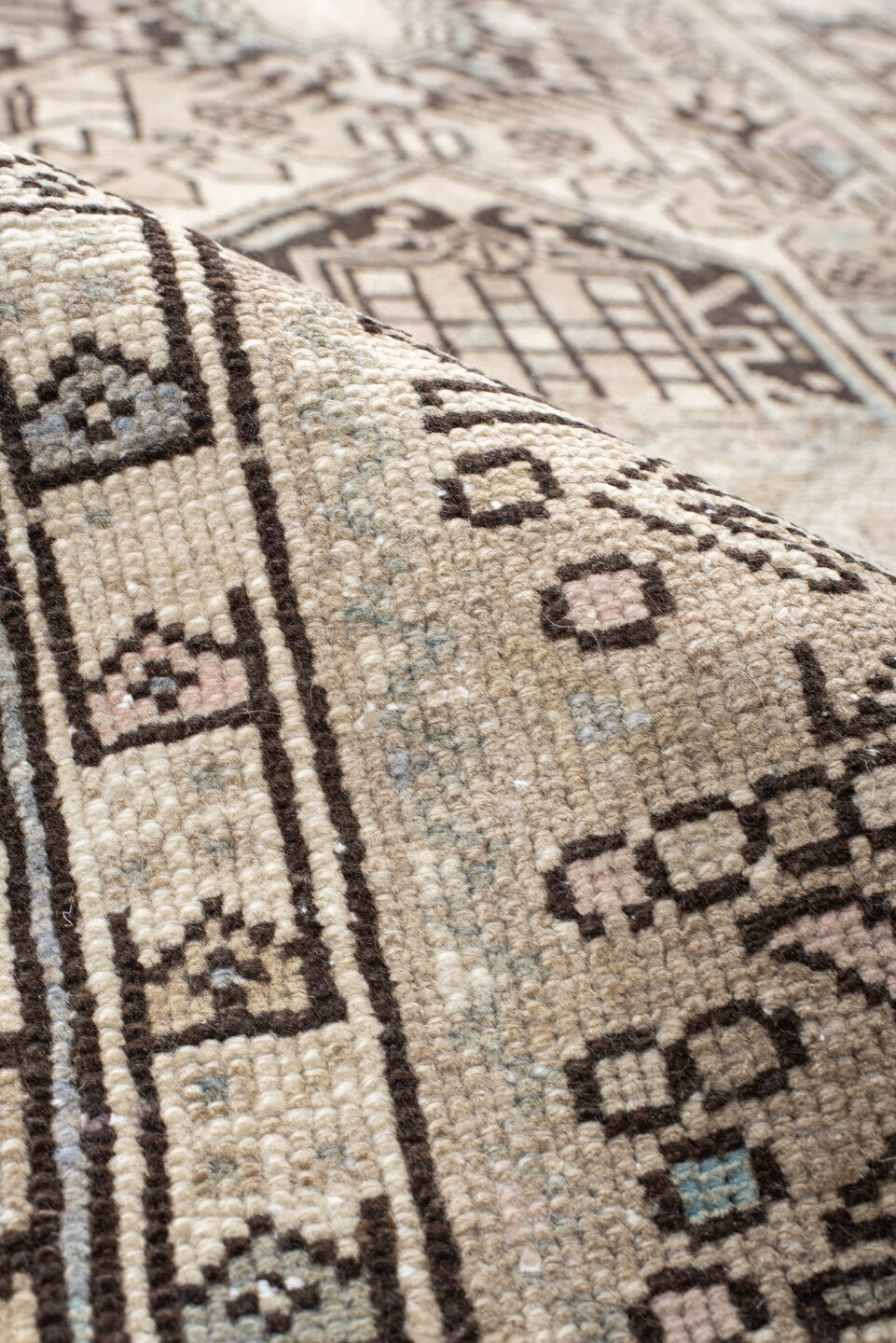 3' x 12' one-of-a-kind handmade antique Karaje runner rug. Color palette: ivory, taupe, pale blue, brown, charcoal, beige