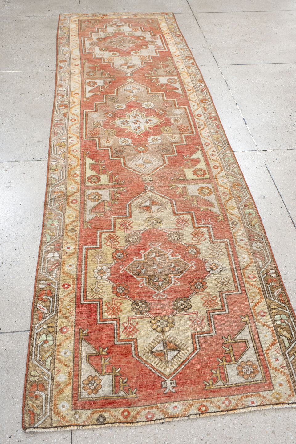 3' x 10' one-of-a-kind handmade vintage Anatol runner rug. Color palette: brown, gray, light gray, off-white, orange, pink