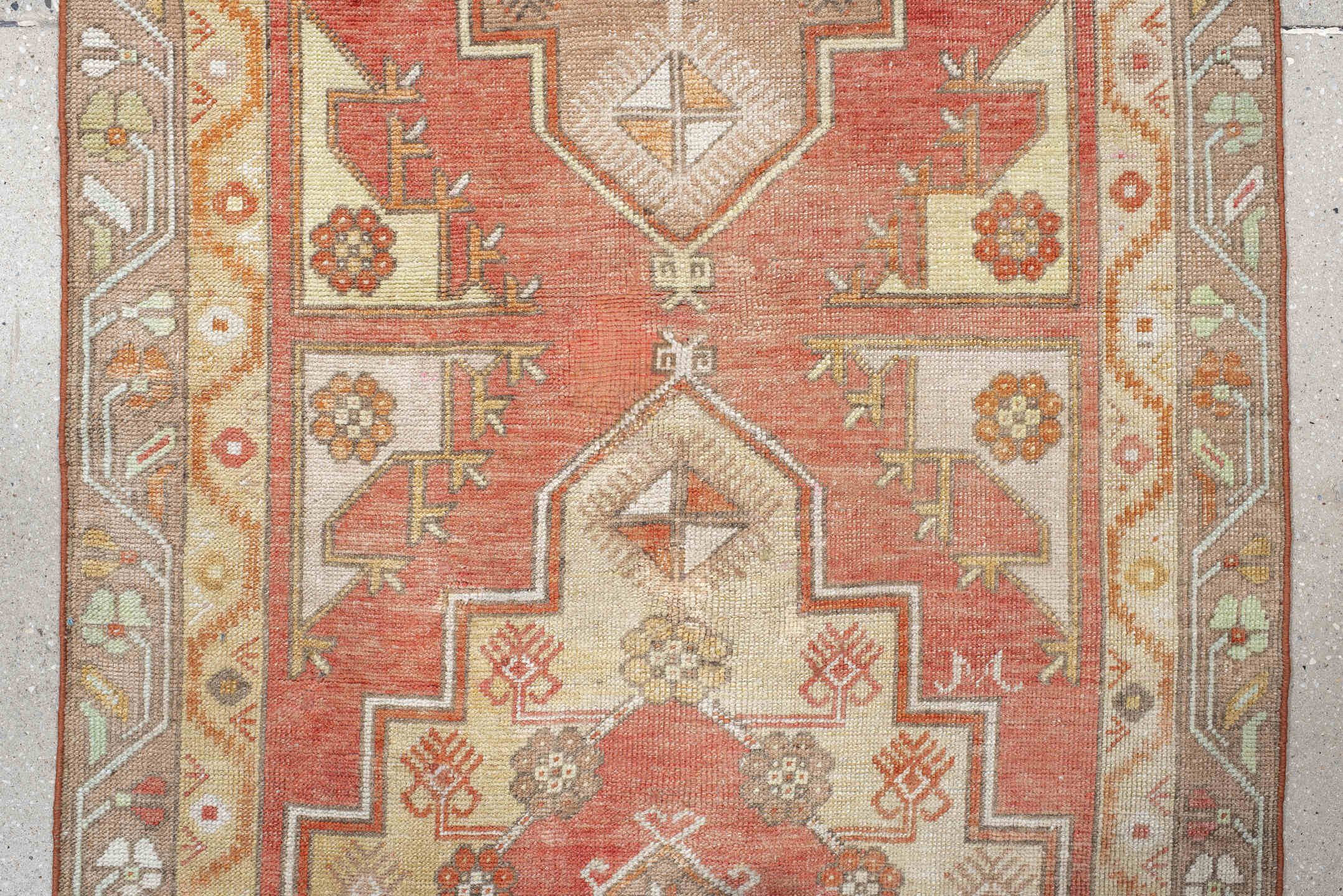 3' x 10' one-of-a-kind handmade vintage Anatol runner rug. Color palette: pink, brown, off-white, orange, red, gray