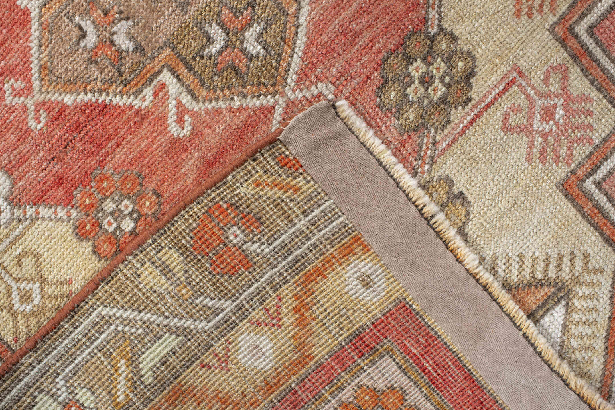3' x 10' one-of-a-kind handmade vintage Anatol runner rug. Color palette: brown, gray, light gray, off-white, orange, pink